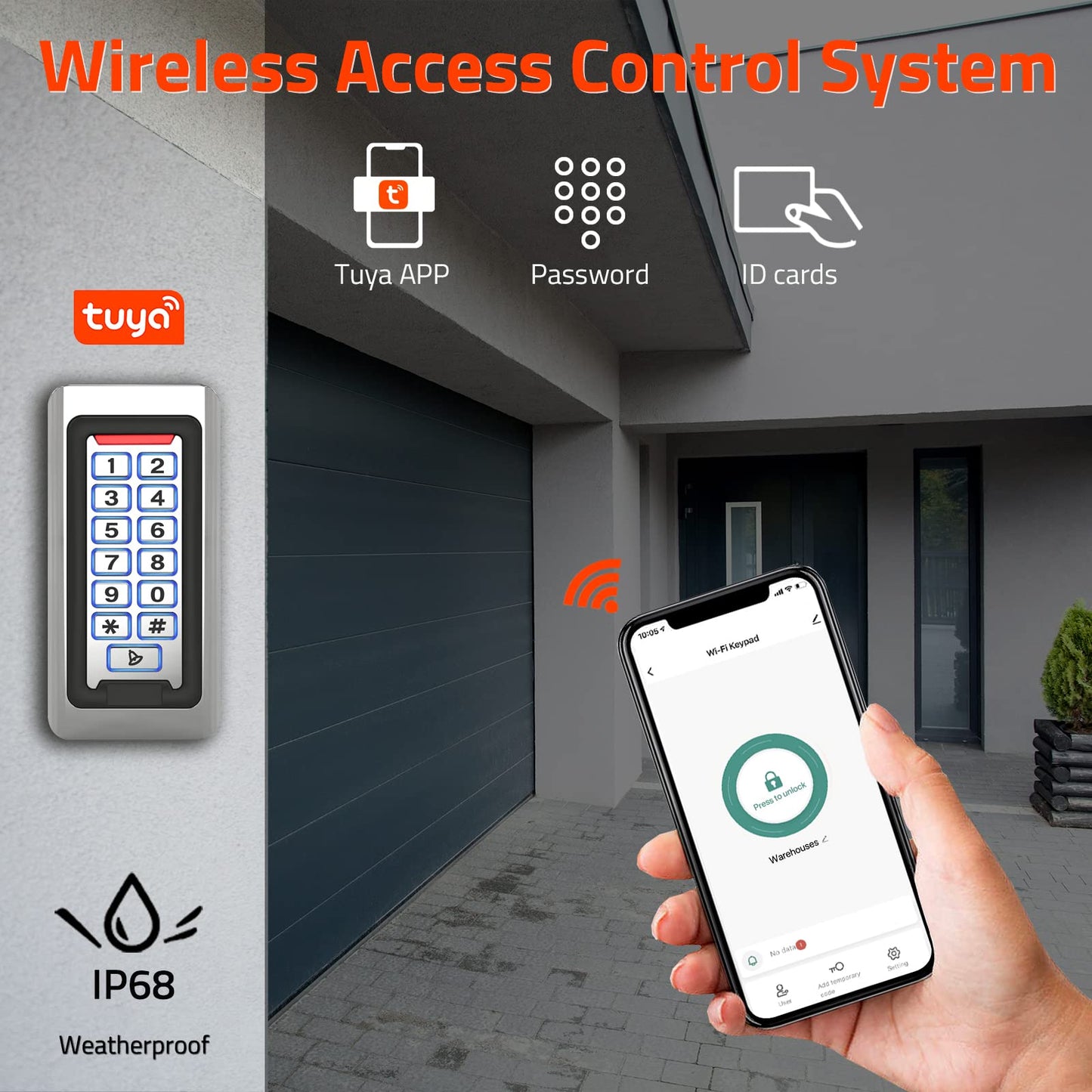 Wireless WiFi Access Control Keypad, Metal Stand-Alone Door Access Control System, EM Card Reader, Weatherproof, Backlight, TUYA Wireless Entry