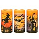 Eldnacele Halloween Flameless Flickering LED Candles with 6-Hour Timer, Battery Operated Wax Candles Assorted Decals Witch, Bats, Castle Set of 3