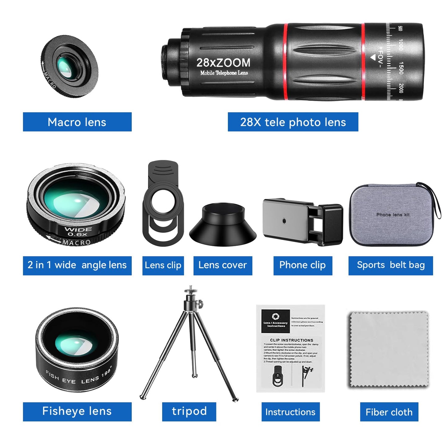 HYTAMY Cell Phone Camera Lens Kit Upgraded Version Telephoto 28X with Wide Angle 0.6X, Macro 20x, Fisheye 198°, Phone Lens Attachment Suitable