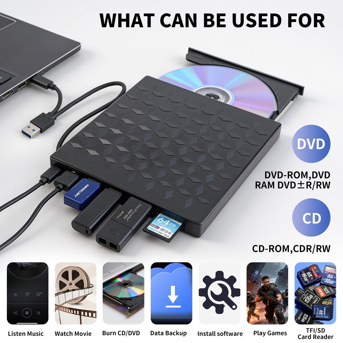 External DVD/CD Drive, DVD Player for Laptop 8 in 1, Portable CD Burner +/-RW Drive, CD Player for ROM Rewriter Burner, Compatible with Laptop