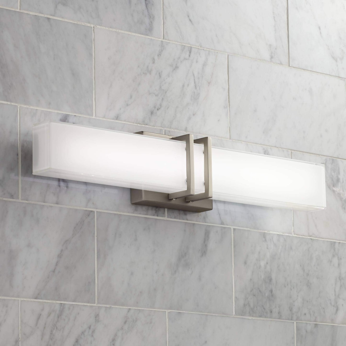 Possini Euro Design Exeter Modern Wall Mount Light LED Brushed Nickel Silver Metal 24" Wide Vanity Bar Fixture Rectangular Silk Screened Glass Shade