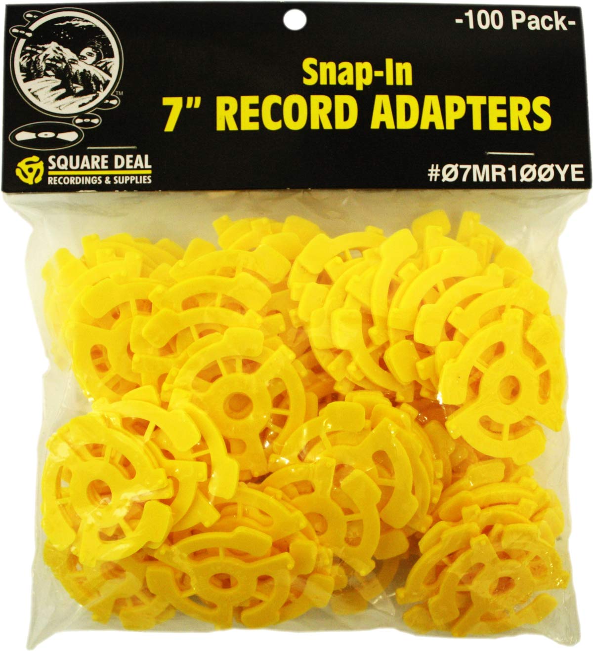 (100) Flat Plastic Record Adapters - Snap in Inserts to Make 7" 45rpm Records Fit on Standard Vinyl Record Turntables #07MR100YE (Yellow)
