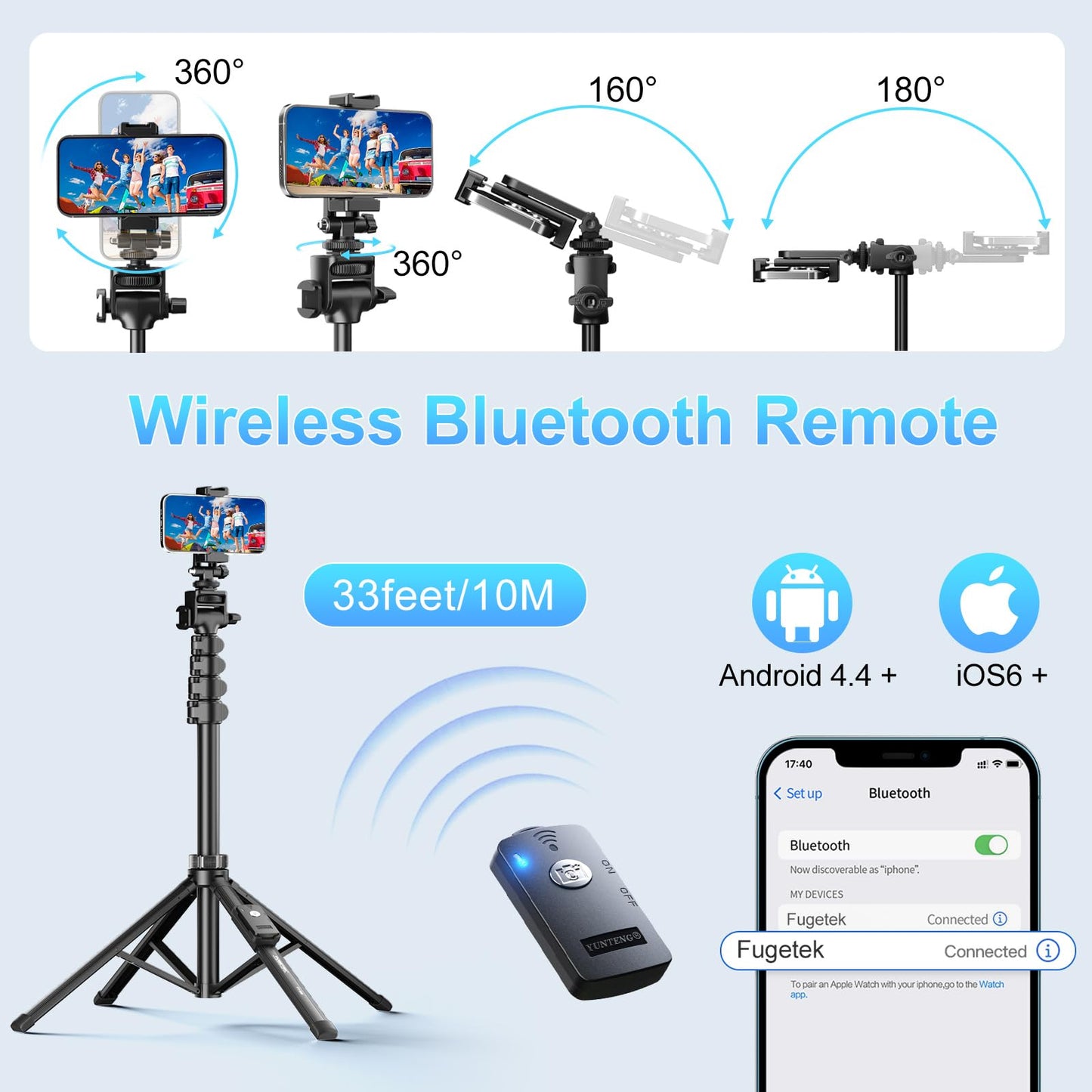 Fugetek 62" Professional Cell Phone Tripod, Ultra Stable 4 Leg Design, Bluetooth Remote, 100% All Aluminum Stick & Legs, Portable All in One, 360°
