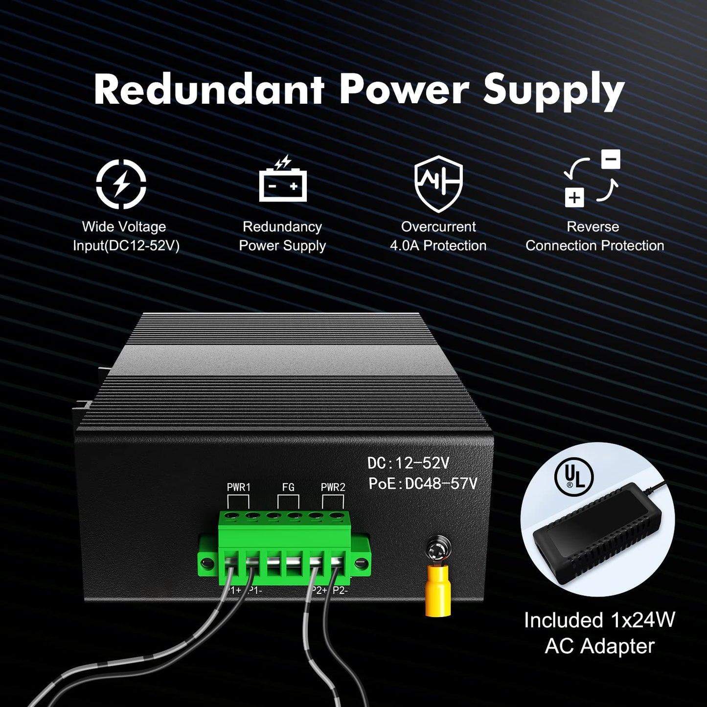 MokerLink 5 Port Industrial DIN-Rail Network Switch, 4 Gigabit Ethernet, 1 SFP, 14Gbps Switching Capacity, IP40 Rated (-40 to 185F), With UL Power