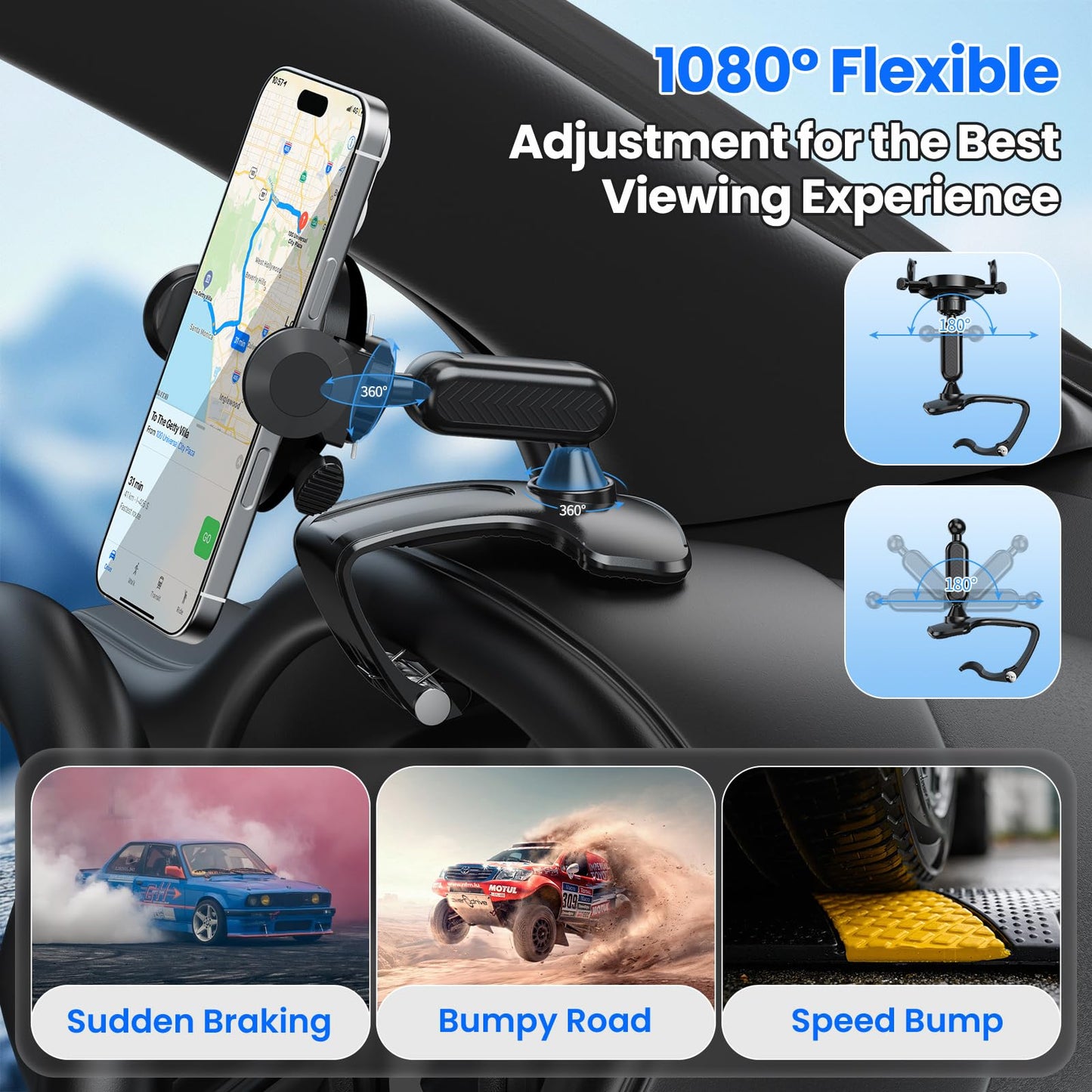RIEMKSL Car Phone Holder Dashboard Phone Mount, 2025 Upgraded 360 Degree Rotation Multifunctional Clip Design, Universal Car Phone Mount Compatible