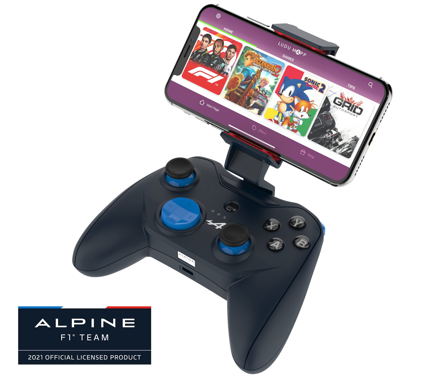 Mfi Certified Gamepad Controller for iOS iPhone - Licensed Alpine F1 Edition - Wired with L3 + R3 Buttons, Power Pass Through Charging, 8 Way D-Pad