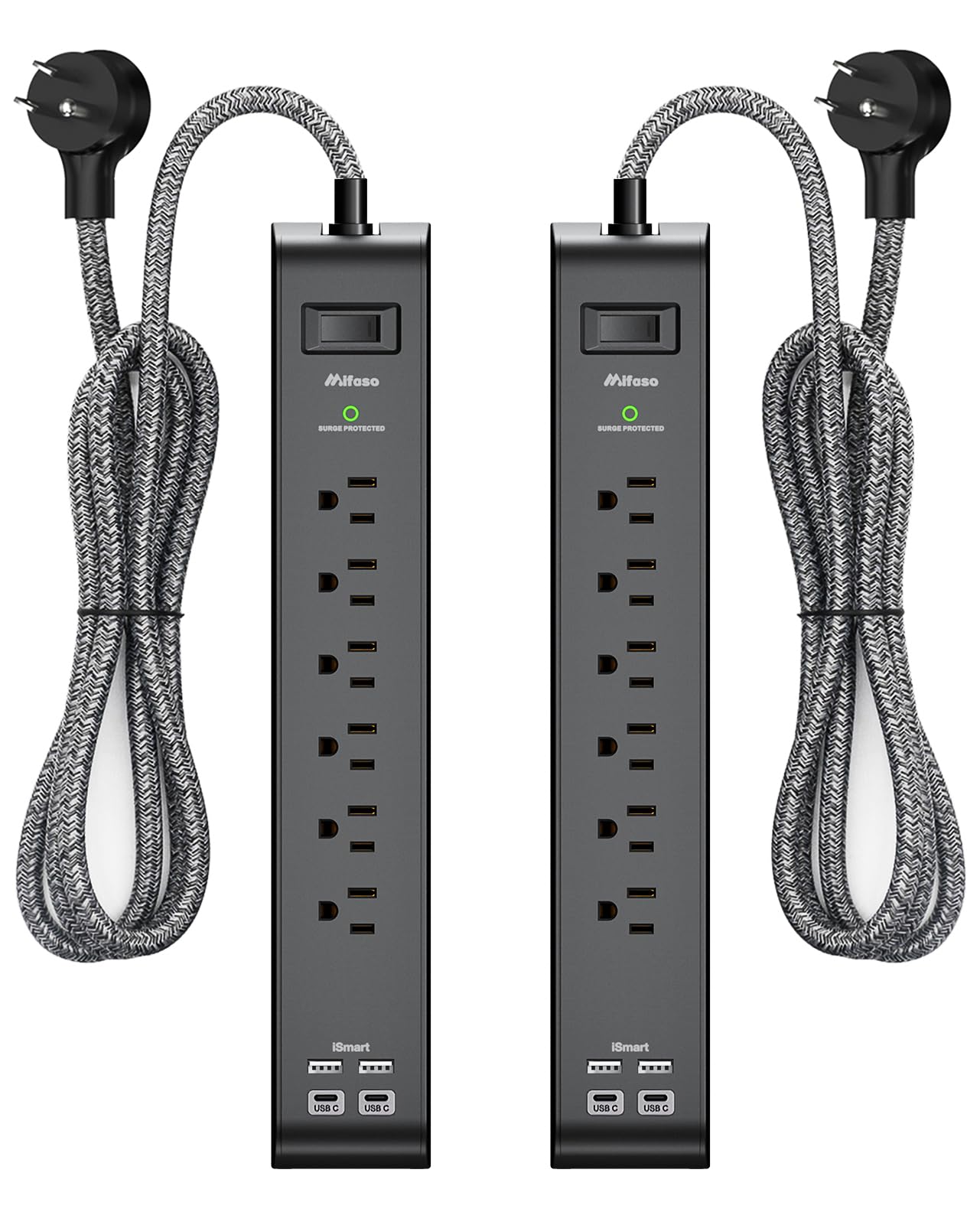 2 Pack Surge Protector Power Strip with 6 Outlets 4 USB Ports 5-Foot Long Heavy-Duty Braided Extension Cords Flat Plug 900 Joules 15A Circuit Breaker