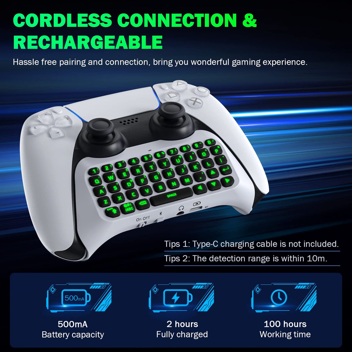 MoKo Keyboard for PS5 Controller with Green Backlight, Bluetooth Wireless Mini Keypad Chatpad for PlayStation 5, Built-in Speaker & 3.5mm Audio Jack