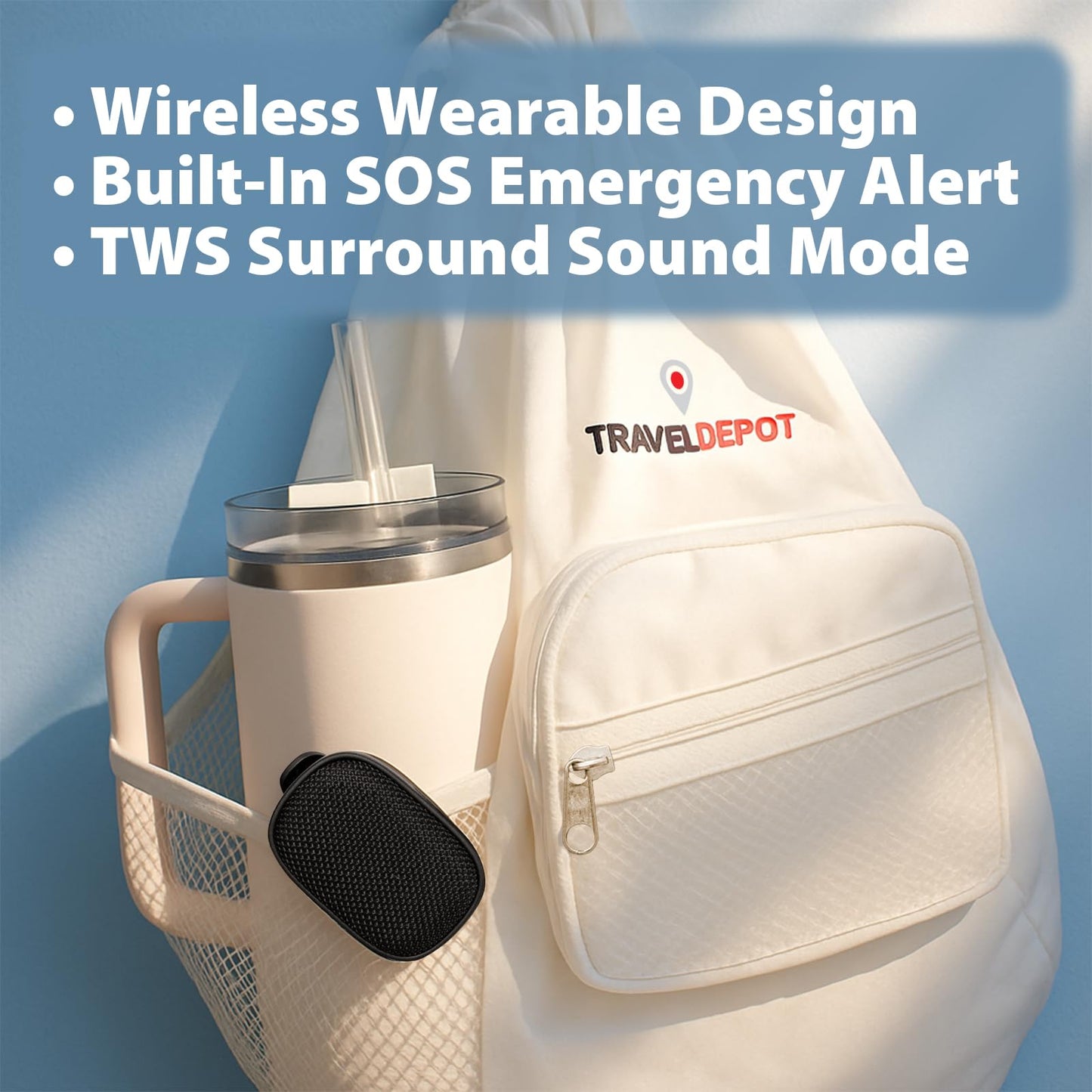 Travel Depot Wearable Bluetooth Speaker, Mini Wireless Clip On Speaker w/Microphone, TWS Waterproof Speaker w/SOS Safety Feature, Portable Speaker