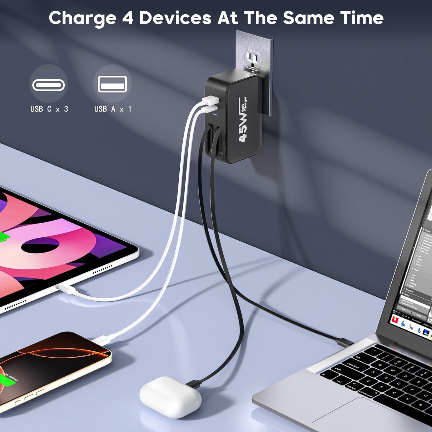 4 in 1 Retractable Wall Charger Dual USB C Cable Plug,45W USBC Fast Retractable iPhone Charger Foldable Block Dual Port(USB C+USB A) with Dual USB C