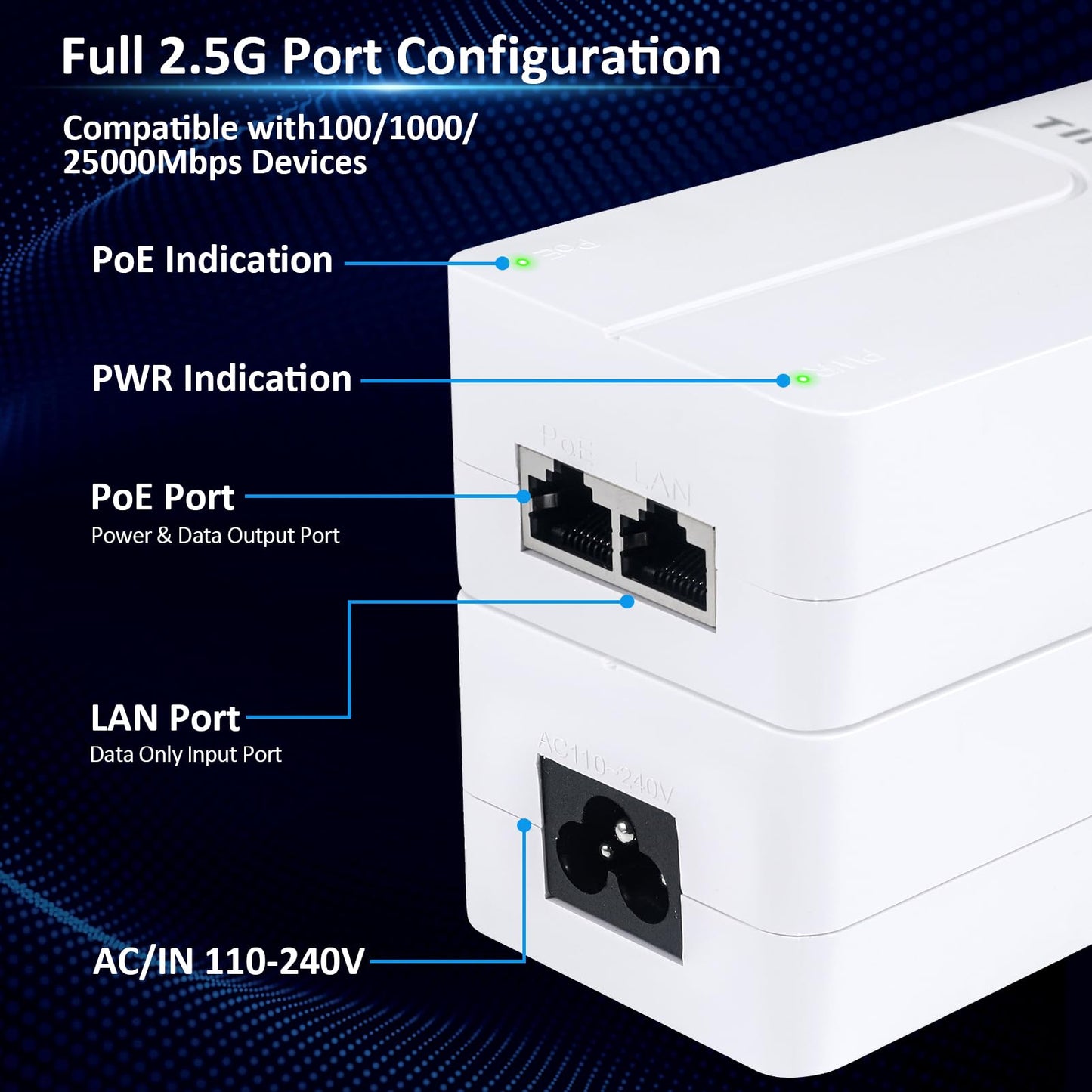 PoE Injector 2.5Gb 60W 55V, 802.3af/at/bt Compliant PoE++ Adapter, Plug & Play, Data & Power Over Ethernet, Up to 328ft, for PTZ IP Camera, Dual Band