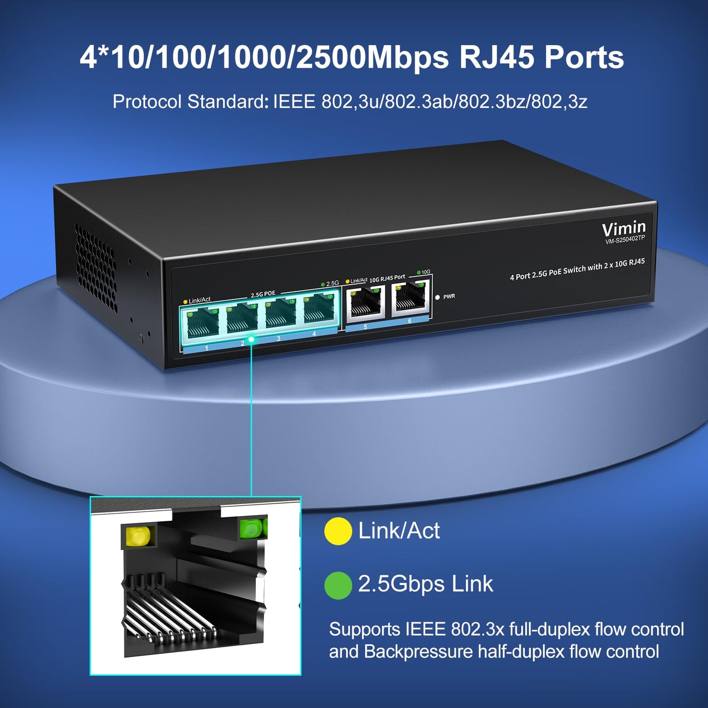 6-Port 2.5G PoE Switch with Dual 10GBASE-T, Vimin 4X 2.5G +2 x 10Gb RJ45 Ports Unmanaged PoE Switch, 60Gbps Capacity, 65W, 10G Switch Desktop Network