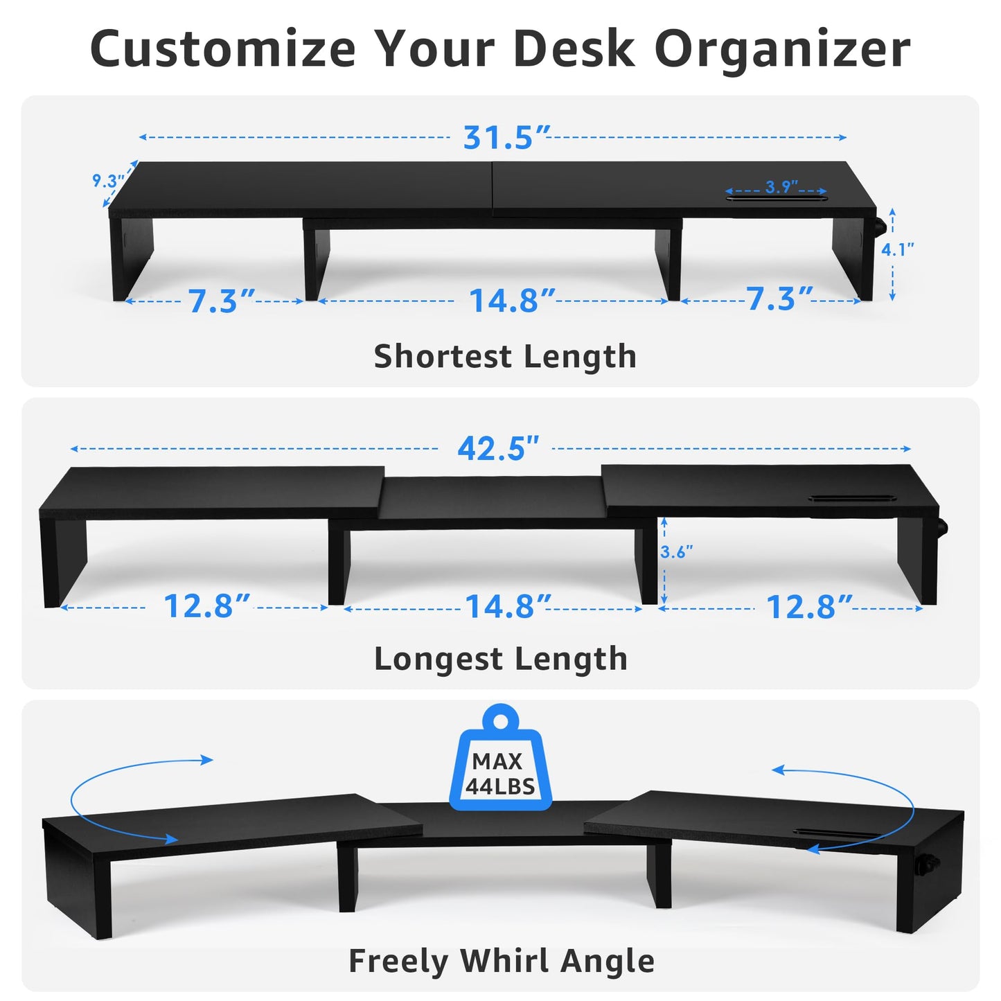 La Jaco Dual Monitor Stand Riser for 2 Monitors, Monitor Stand for Desk, Adjustable Length & Swivel Angle Wooden Desktop Organizer Stand Riser