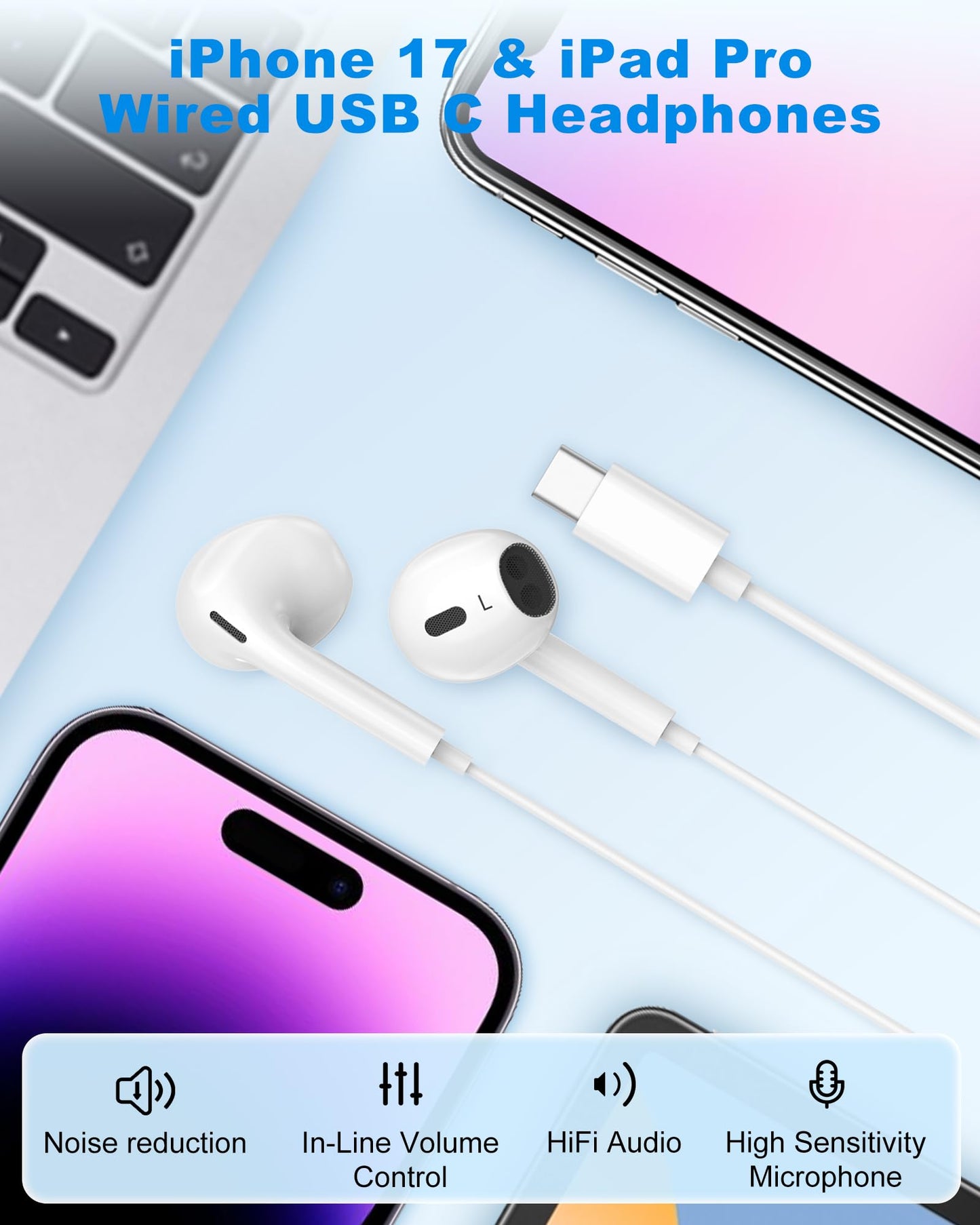 USB C Headphones for iPhone 17, 2 Pack USB Type C Earbuds HiFi Stereo Noise Earphones reduction with Mic&Volume Control for iPhone 17 16 15, iPad…