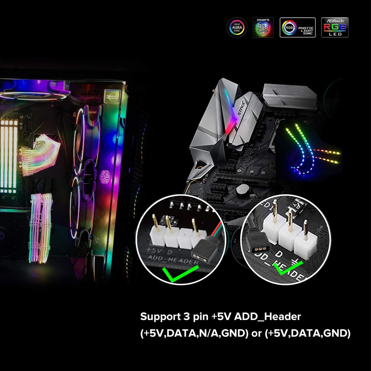 BTF-LIGHTING WS2812B IC PC Light Strip 2PCs 19in Individually Addressable for 5V 3Pin LED Headers for Asus Aura, Gigabyte RGB Fusion, MSI Mystic Light