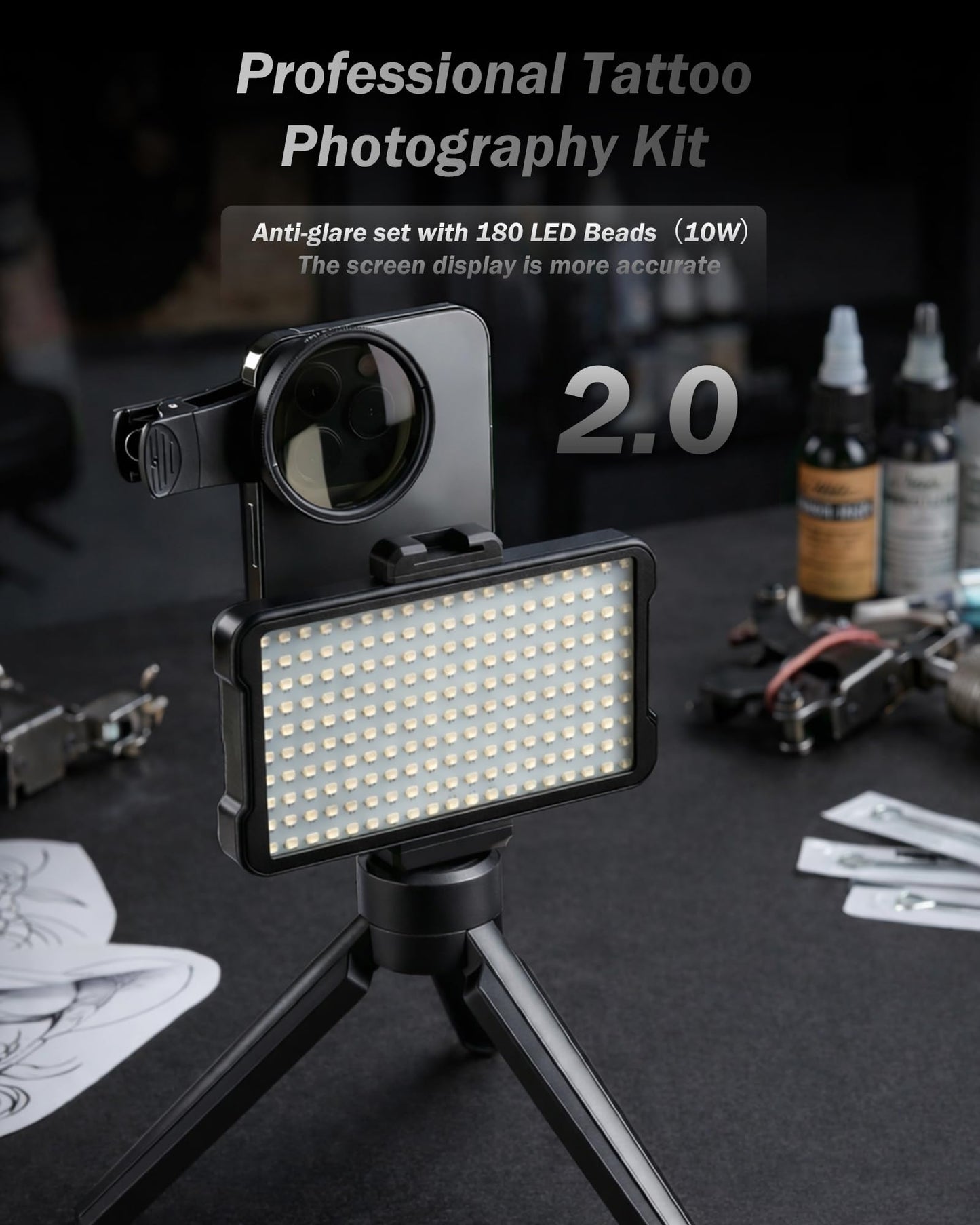 INKSOUL Tattoo Light Kit Tattoo Equipment and Supplies Tattoo Photography Video Lights Anti-2.0 Glare Kit 180 LED Beads?10W? with Clip on CPL