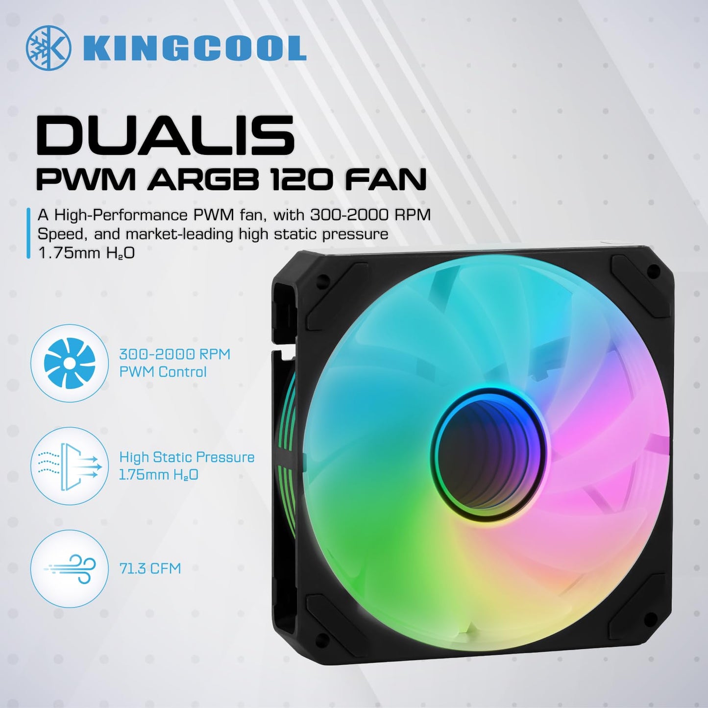 KINGCOOL DUALIS 120mm Infinity Mirror ARGB Cooling Fan - FDB Bearing, 71.30 CFM Airflow, 1.75 mmH?O Static Pressure, Up to 2000 RPM PC Cooling Fan