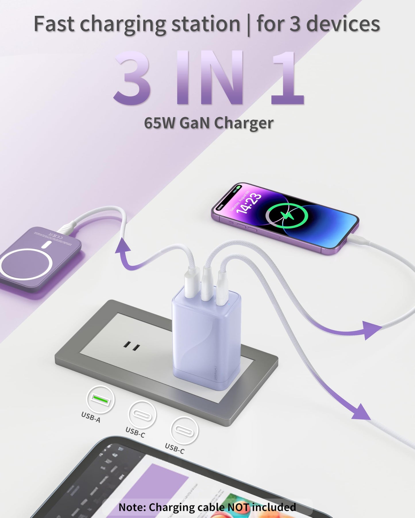65W GaN USB C Wall Charger Block Purple 3-Port iPhone 17 16 15 Type C Charger Fast Charging Power Adapter Brick Cube for MacBook, ipad, Laptops
