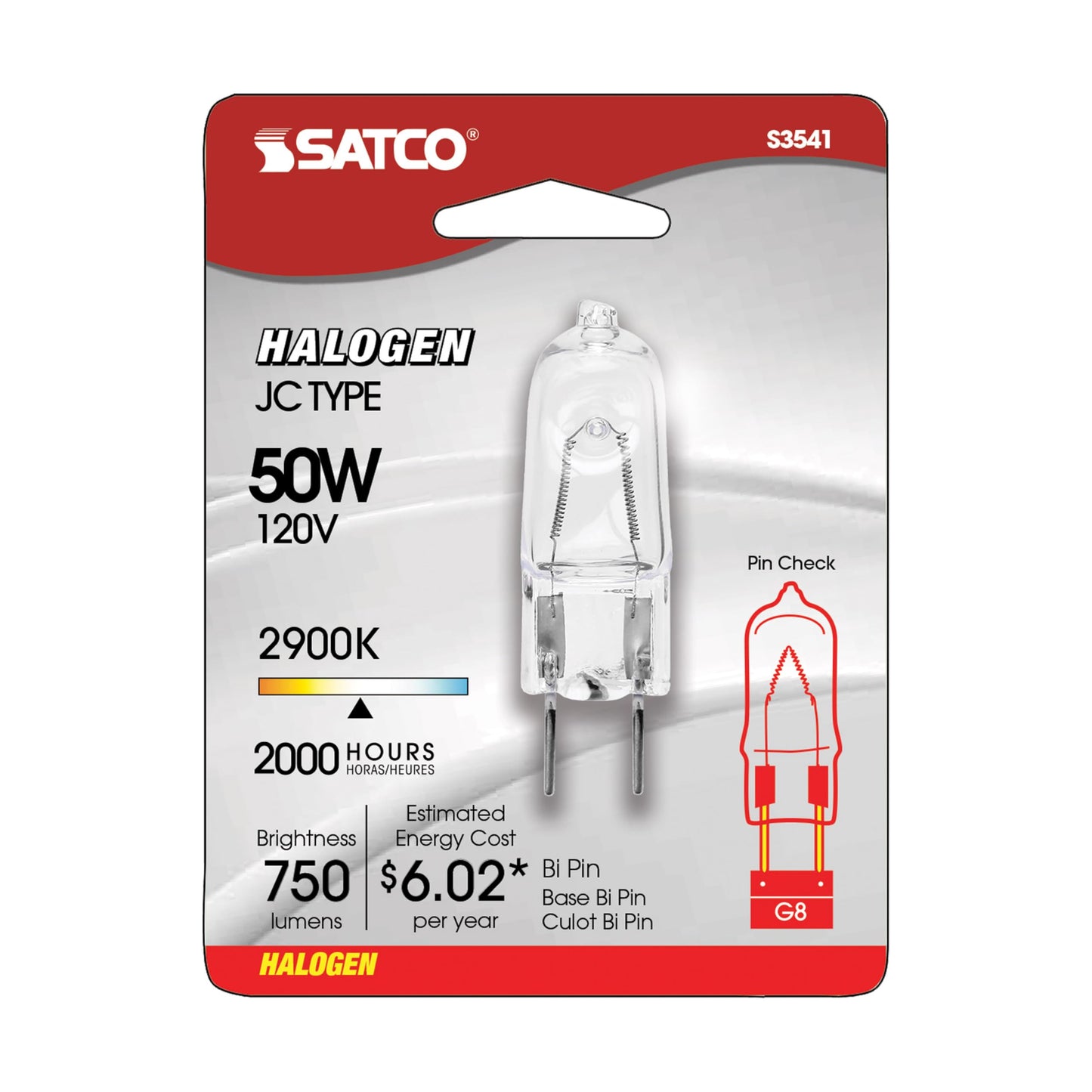 Satco S3541 1/Card 120V 50-Watt T4 G8 Base Light Bulb, Clear