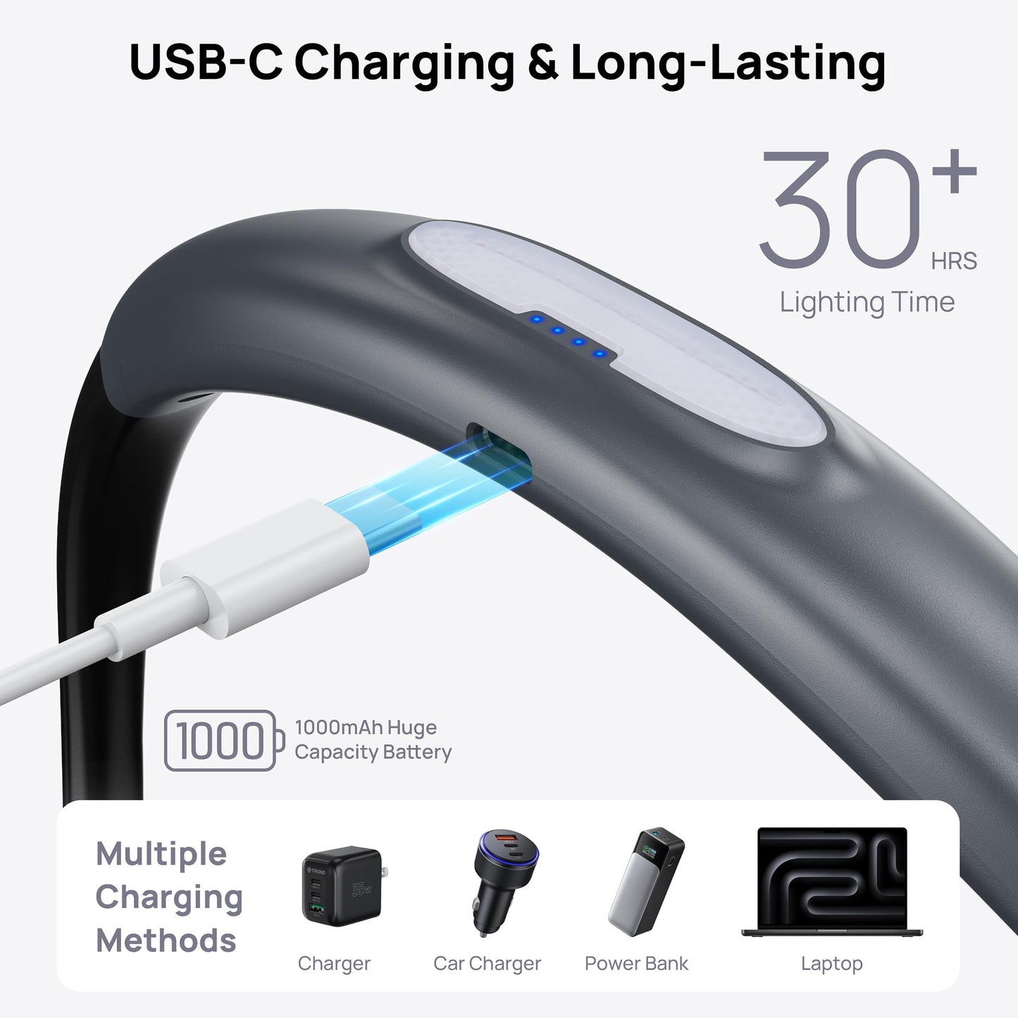 TROND LED Neck Reading Light, 3 Color 3 Brightness Book Light for Reading in Bed, 1000mAh Rechargeable Lamp, Flexible Arm with Outdoor Warning Lamp
