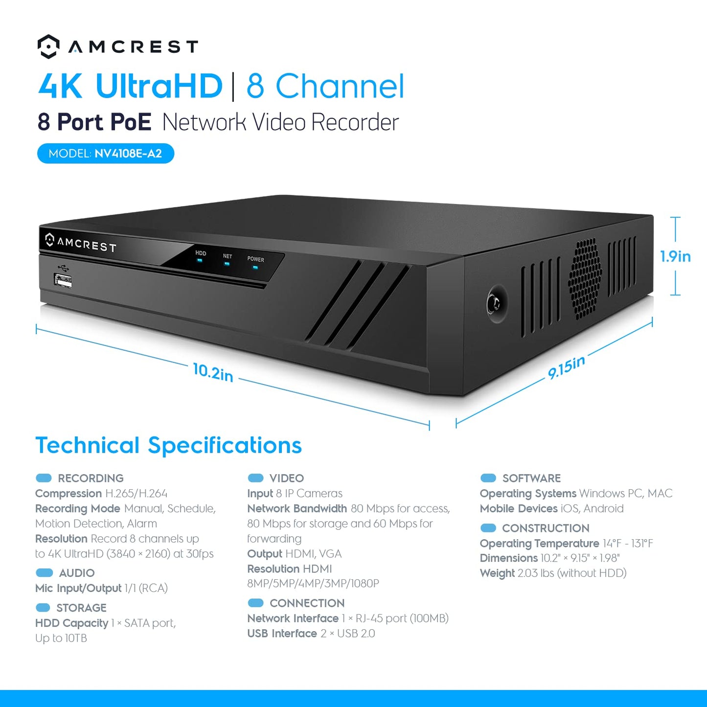 Amcrest 5MP Security Camera System, 4K 8CH PoE NVR, (4) x 5-Megapixel 2.8mm Wide Lens Weatherproof Metal Vandal Dome PoE IP Cameras, Pre-Installed 2TB