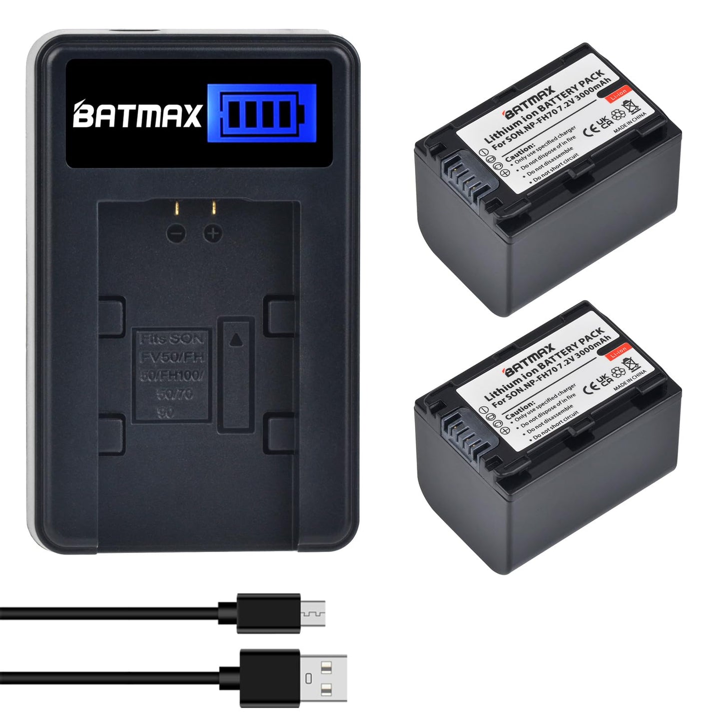 Batmax 2Packs NP-FH70 Battery(3000mAh) + LCD USB Charger for Sony NP-FH30 NP-FH50 NP-FH70 NP-FH90,NP-FH100 Batteries;Sony Handy Cam DCR-DVD850 SX40