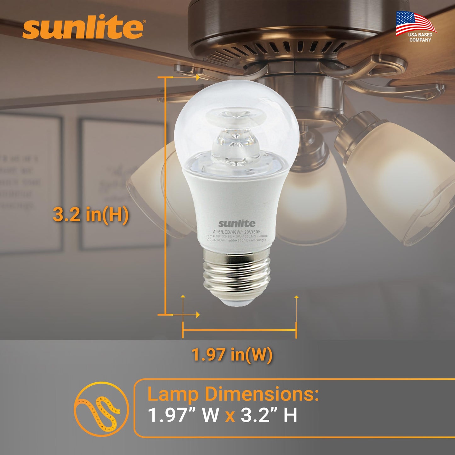 Sunlite 45162 LED A15 Appliance Clear Light Bulb, 6 Watts (40W Equivalent), 450 Lumens, Medium Base (E26), 90 CRI, Dimmable, ETL Listed, Ceiling Fan