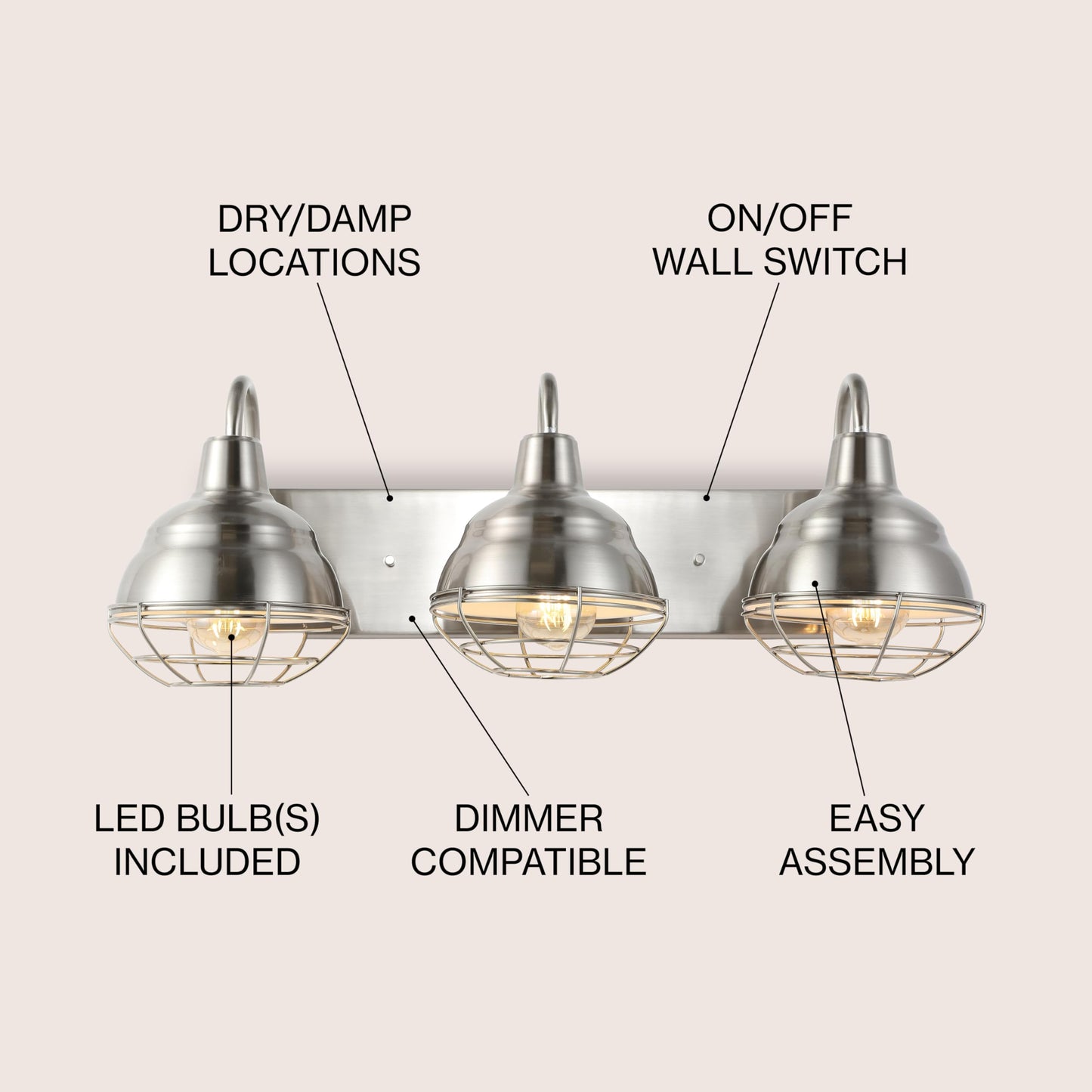 JONATHAN Y 24.5" Nickel 3-Light Industrial Farmhouse Vanity Light for Bathroom Mirror, Rustic Metal Wall Sconce Fixture, Iron Caged Shade, LED Bulbs