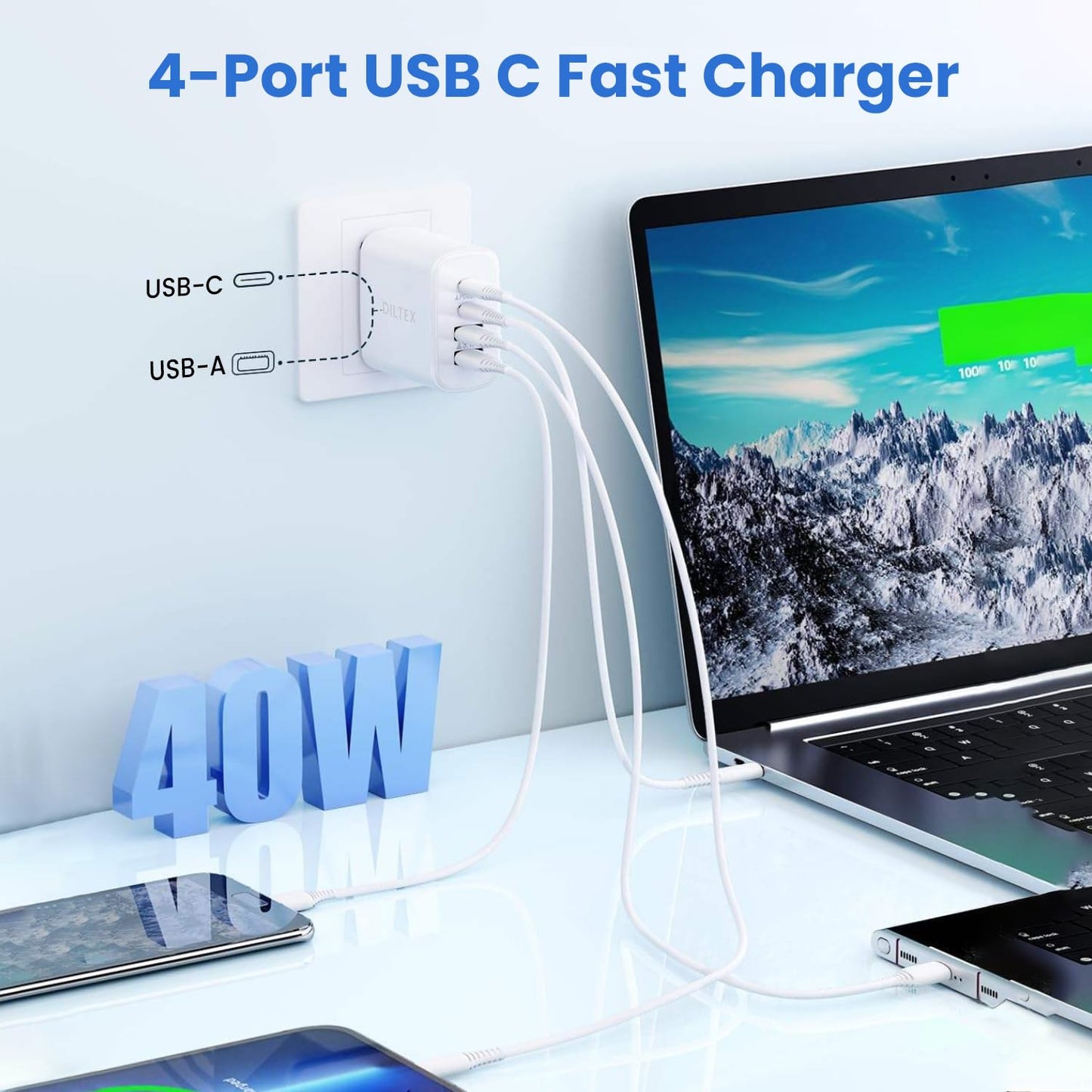 4USB Ports Gan 40W Foldable Charger 2 Pack - Compact USB-C & USB-A Fast Charger with Smart Power Output for Safe Charging- Charging Block compatible