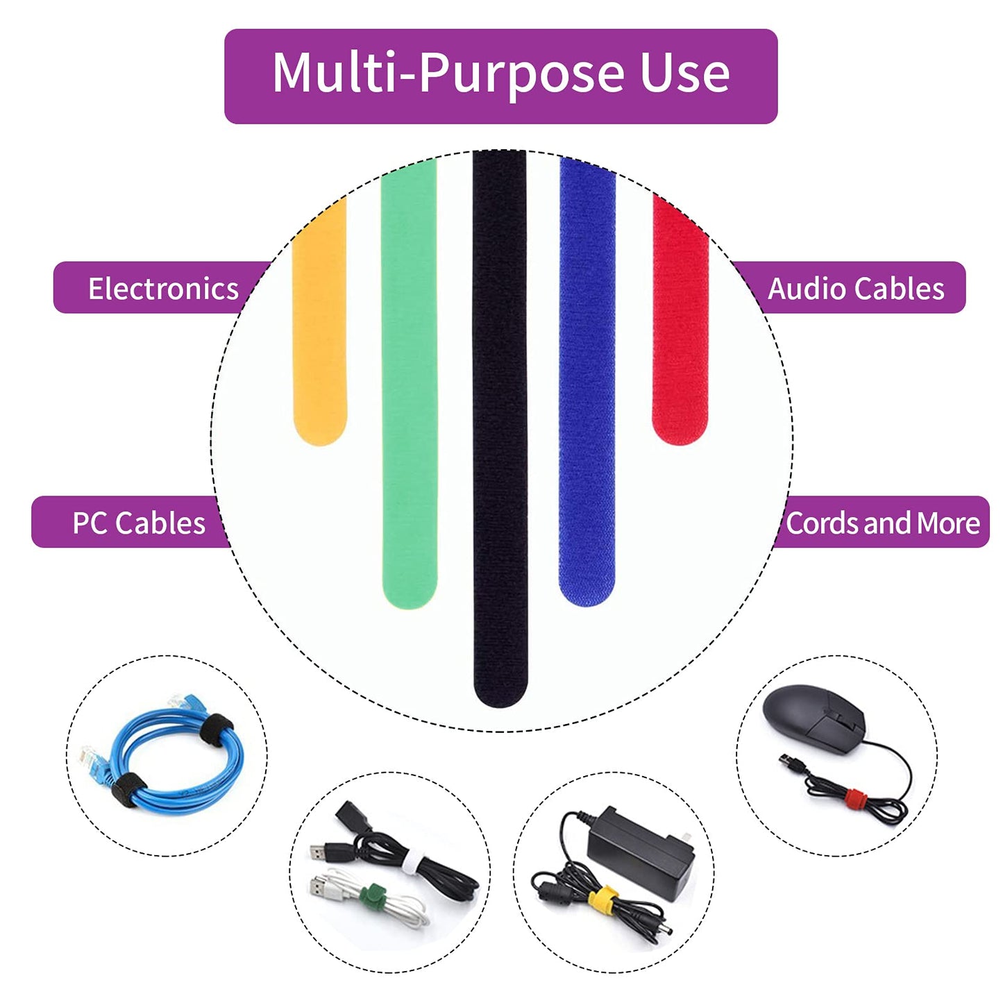 Luscinum 60Pack Reusable Fastening Cable Ties Cord Straps,Multi-Purpose Adjustable Management Organizer Kit with Hook and Loop for Office Home TV