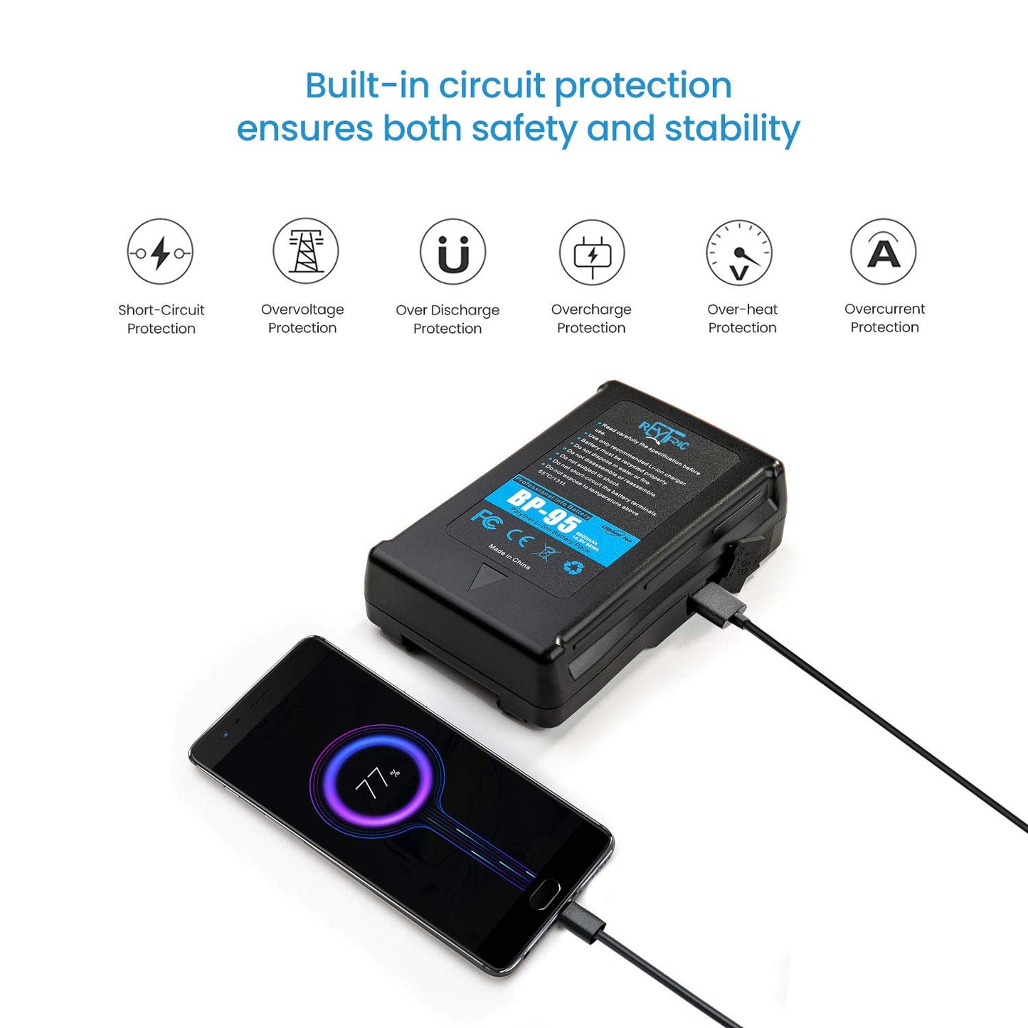 REYTRIC 95Wh(6600mAh) V Mount/V-Lock Battery with D-tap Output Charger and D-Tap Cable Compatible Video Camera Camcorder Broadcast LED Light