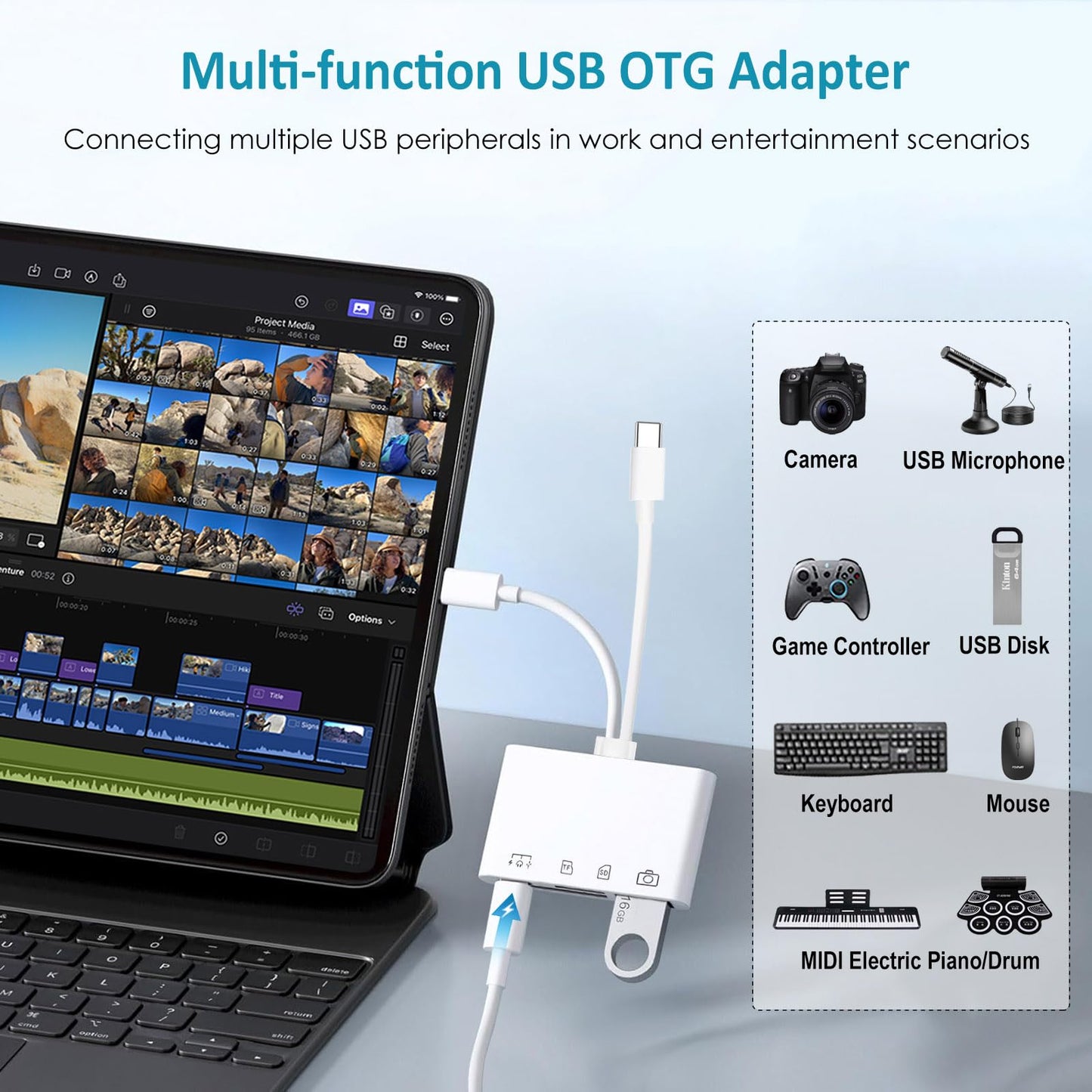 SD Card Reader for iPhone/iPad/Android, USB C & Lightening to SD/MicroSD Card Reader with USB Camera Adapter, Memory Card Reader for iPhone 15/16/17