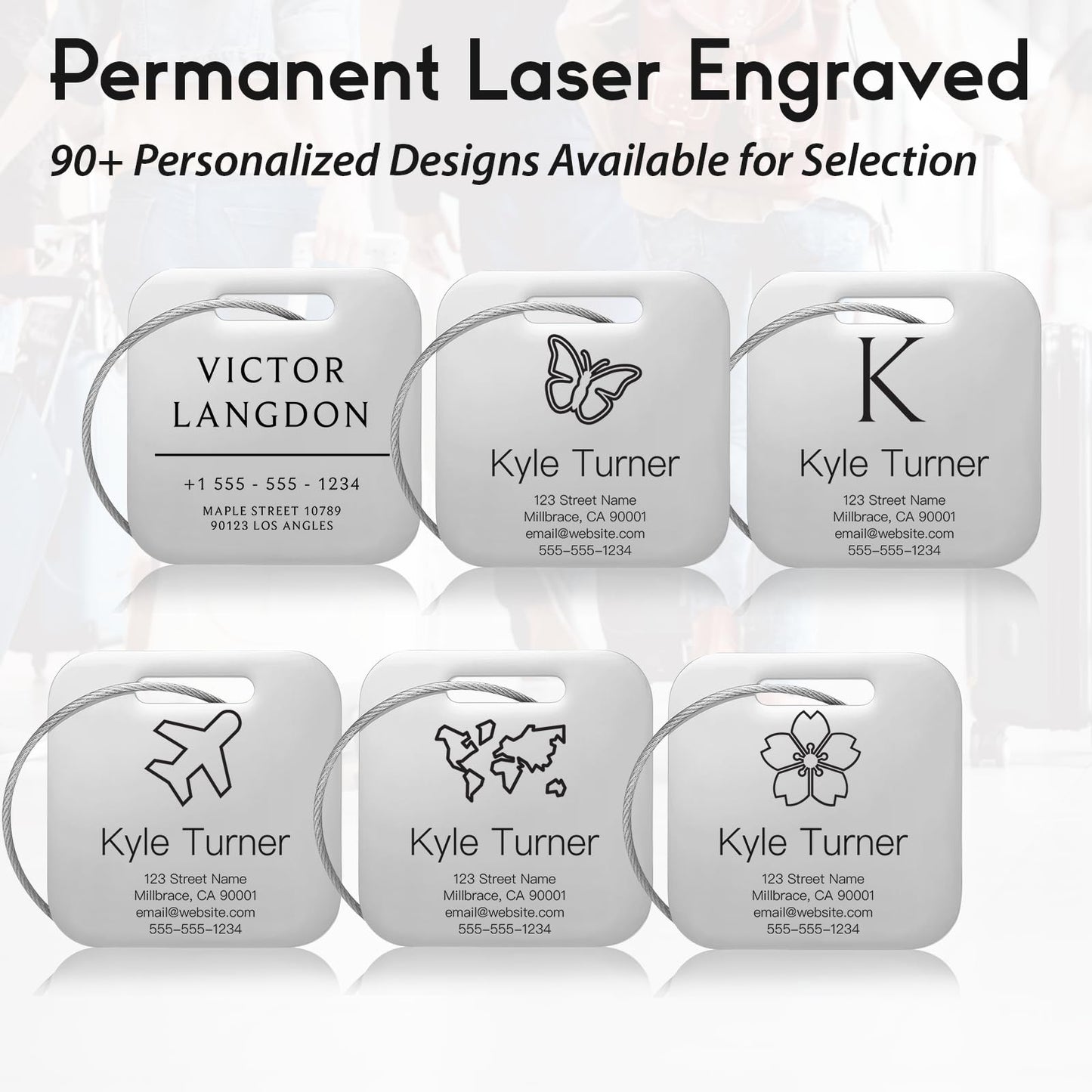 KCULE Customized Stainless Steel Luggage Tags: Personalize Your Suitcases, Backpacks, and Bags with Your Text (Silver)