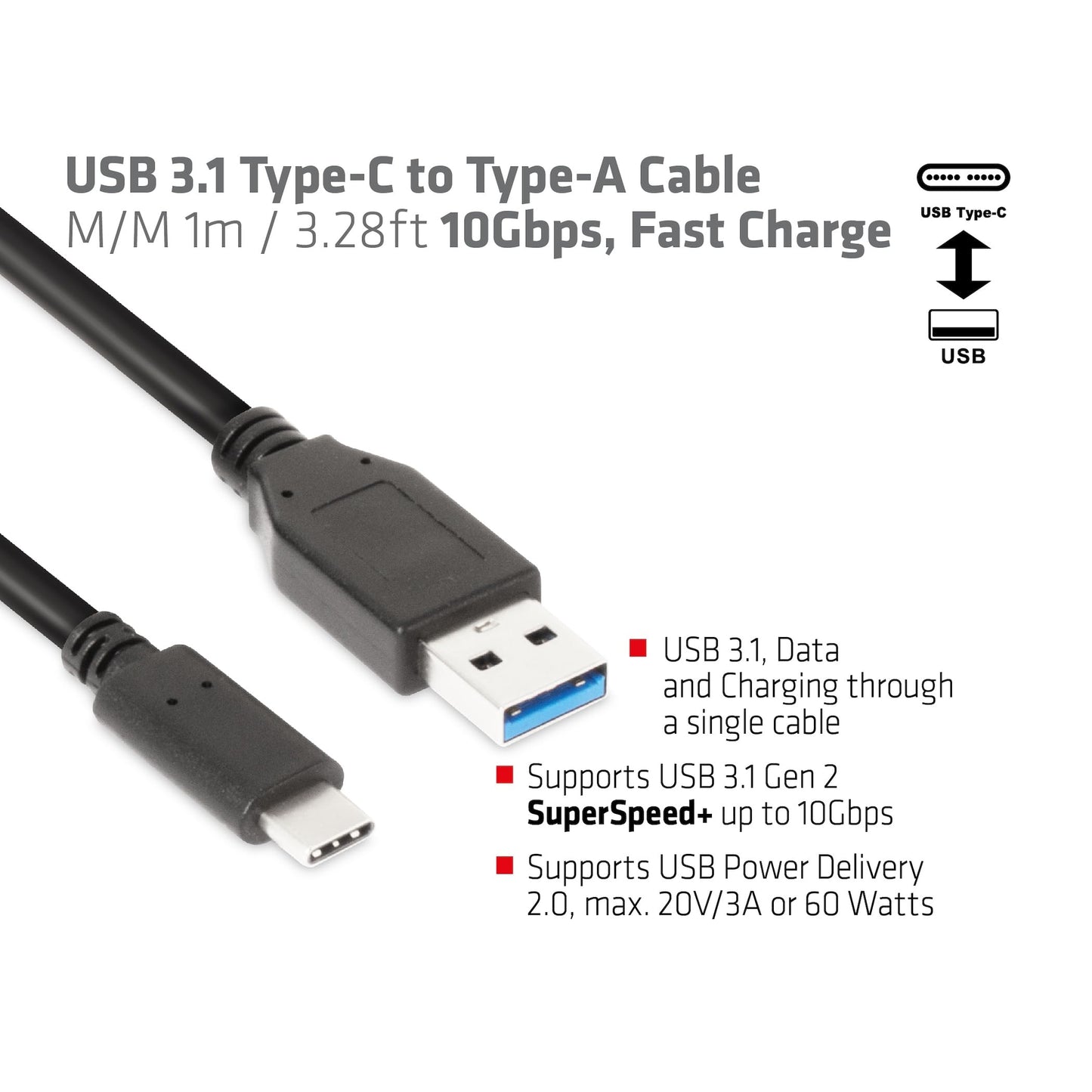Club3D CAC-1523 USB 3.1 Type-C to USB Type-A Cable, Black