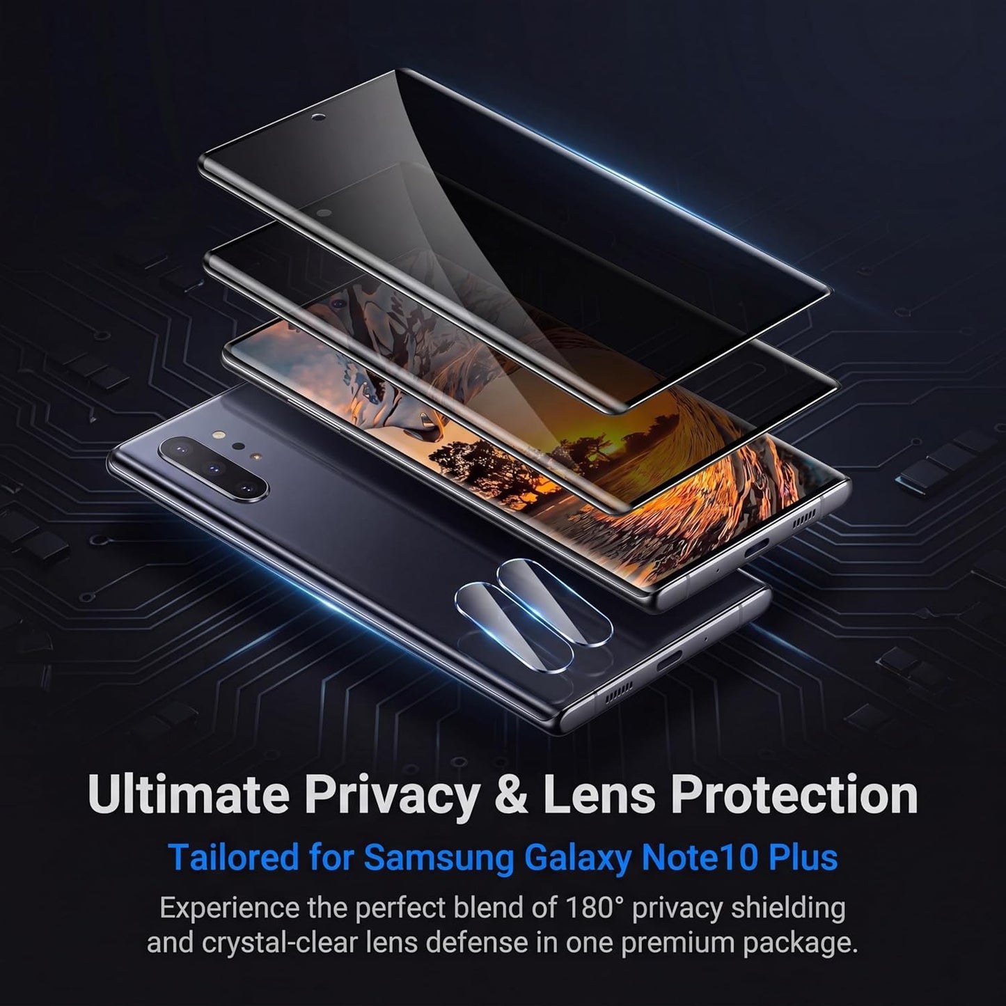 SunColorful 2+2 Pack Galaxy Note 10 Privacy Screen Protector, Anti Spy Tempered Glass 9H Hardness,2 Pack Camera Lens Protector, 3D Curved Full Screen