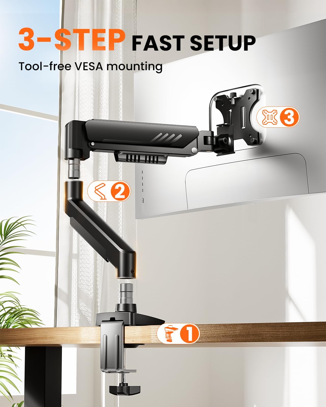 ErGear Single Monitor Arm, Fully Adjustable Monitor Mount for 13-34 Inch Screens, Fast Install Computer Monitor Stand with Tool-Free VESA Mount, Cable