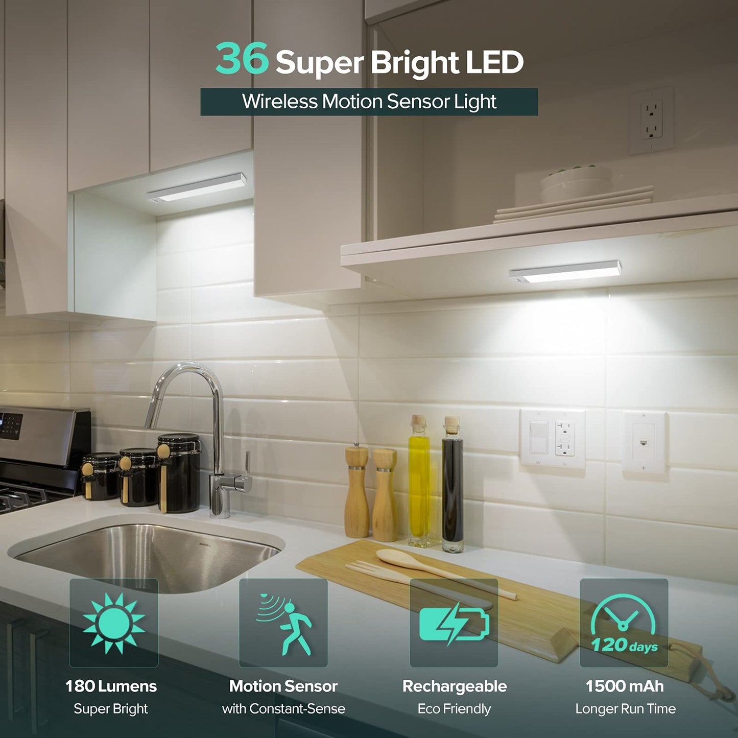 Reoshine Under Cabinet Lighting, 36 LED Motion Sensor Light Indoor Rechargeable, 1500mAh Closet Lights Battery Operated for Kitchen Cabinets, Shelves
