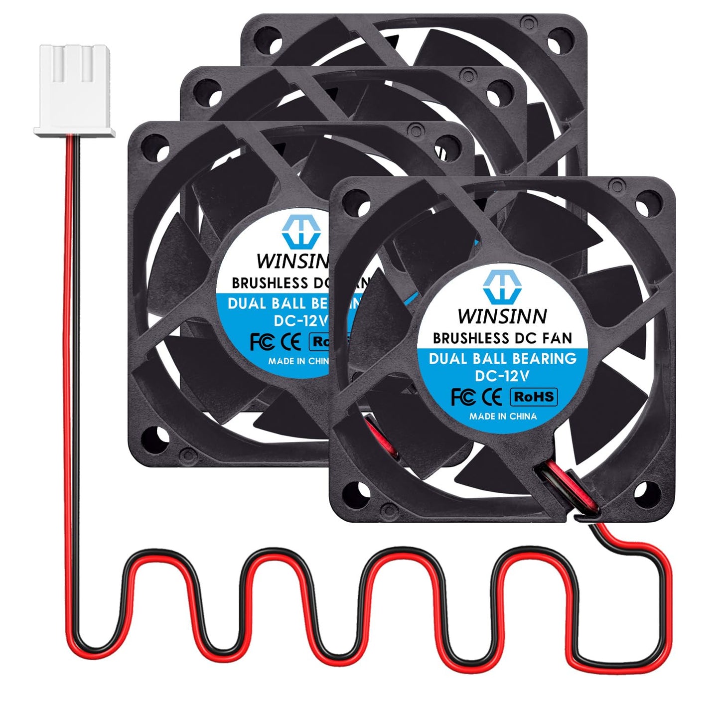 WINSINN DC 60mm Fan 12V 6025 Dual Ball Bearing Brushless Cooling 60x25mm 2PIN (Pack of 4Pcs)