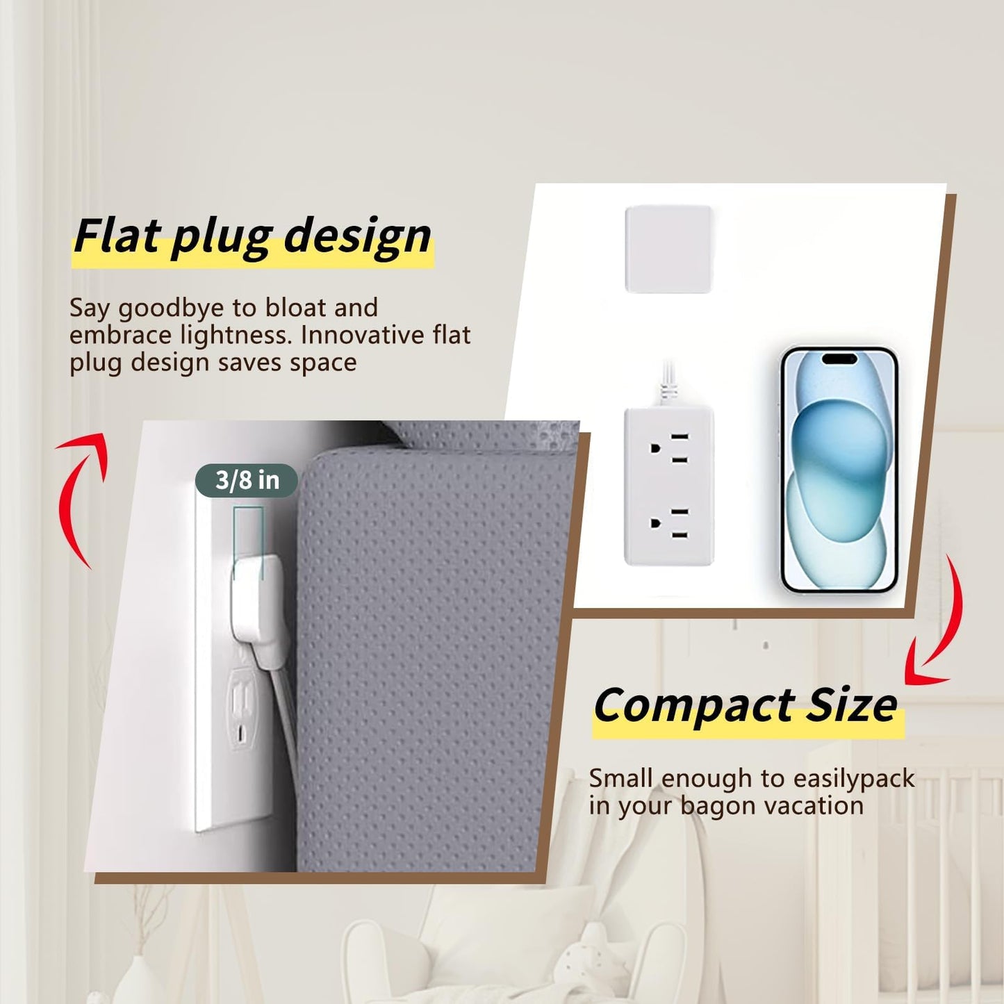 Flat Plug Power Strip, 5Ft Extension Cord with Multiple Outlets, 3 Sided Outlet Extender Charging Station, 6 Outlets Charging Ports, Wall Mount,