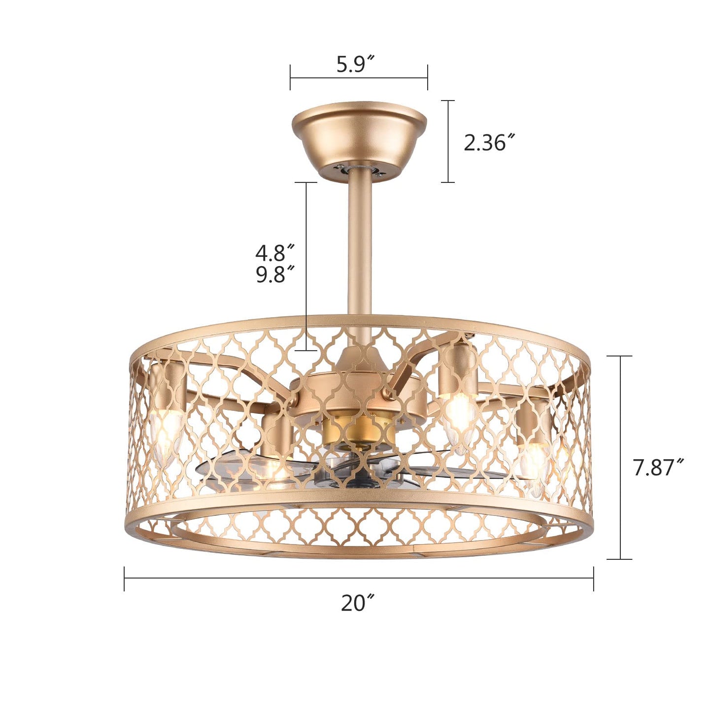 20inch Industrial Ceiling Fan with Lights Enclosed Ceiling Fan Indoor w/ Remote, Gold Caged Retro Ceiling Fan Metal Bladeless Chandelier Fan Lighting