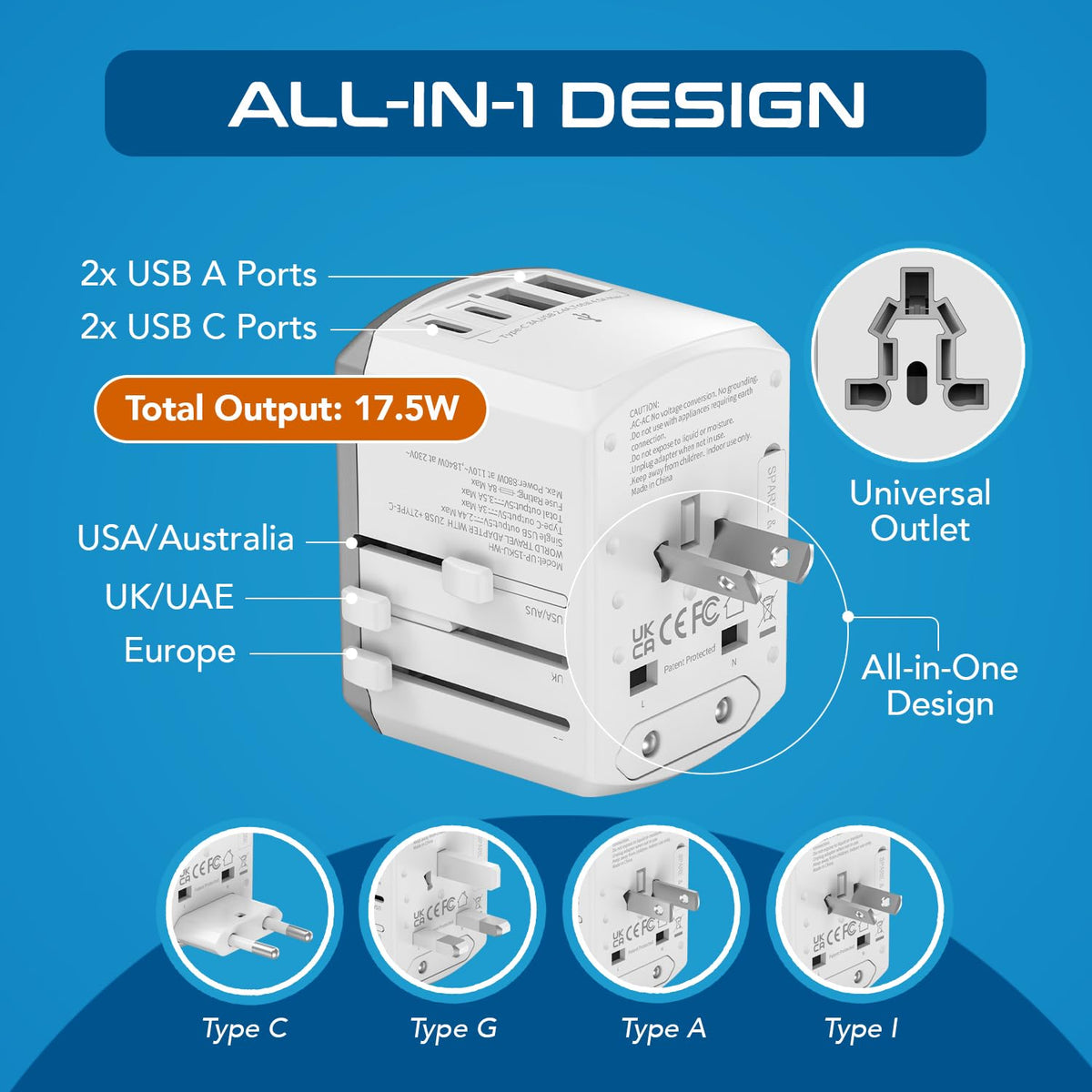Ceptics 5 in 1 Travel Adapter Worldwide, Universal Socket, 2 USB-A + USB-C