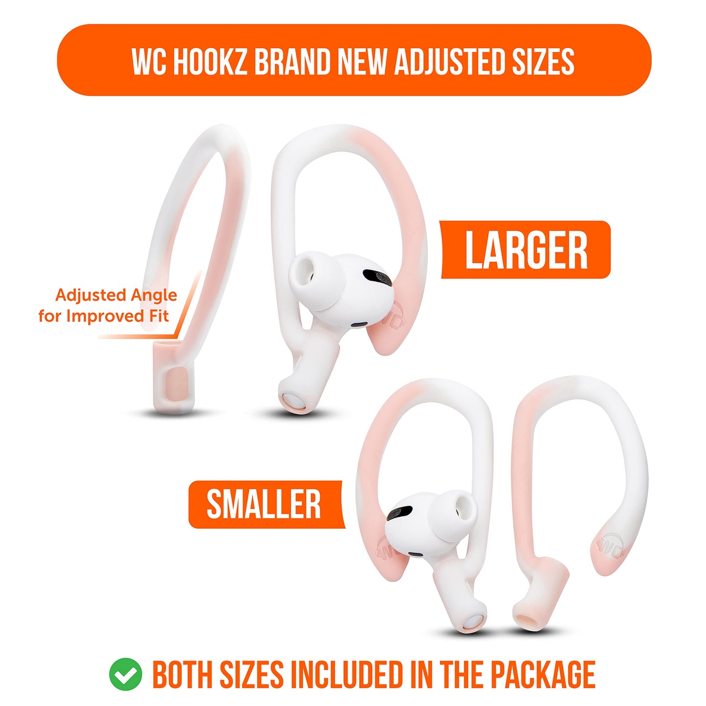 WC HookZ - Patented Upgraded Over Ear Hooks for AirPods Pro 1, 2 & AirPods 1, 2 & 3- Two Size Pairs Included in Package, Unique Left & Right Hook