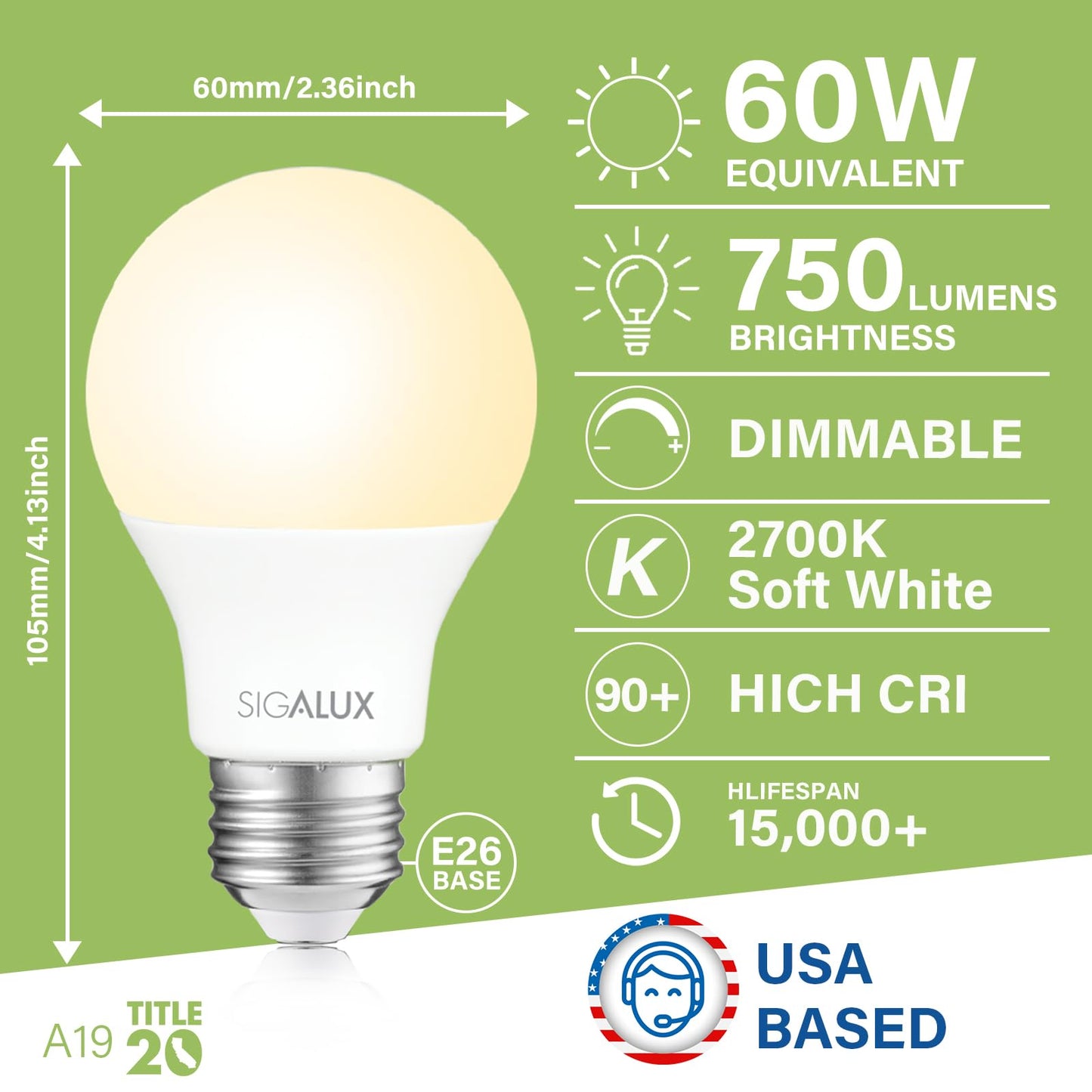 Sigalux EcoBright, T20 Compliant LED Light Bulbs 60W A19 Dimmable 2700K Warm Lightbulbs, Efficient 8W Soft White LED Bulbs with E26 Medium Base, 750