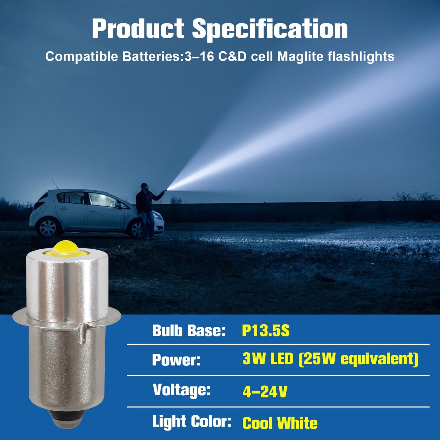 Swess LED Conversion Kit for Maglite LED Bulb 3-16 Cell C/D, 3W DC 4-24V Flashlight Bulbs for Maglite Replacement Bulb 3D 4D 5D 6D 3 Cell 4cell 5cell