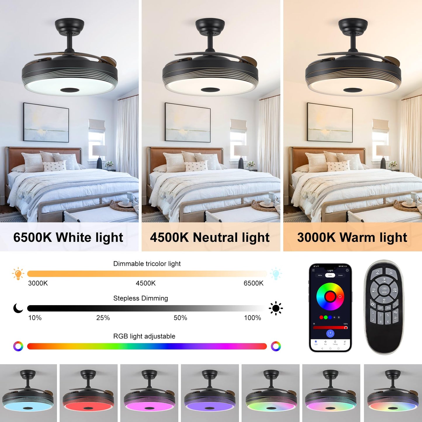 SILVER SWAN 48'' Retractable Ceiling Fan with Light and APP/Remote Control, Fandelier Modern Smart Ceiling Fan with Bluetooth Speaker, RGB Color, 6