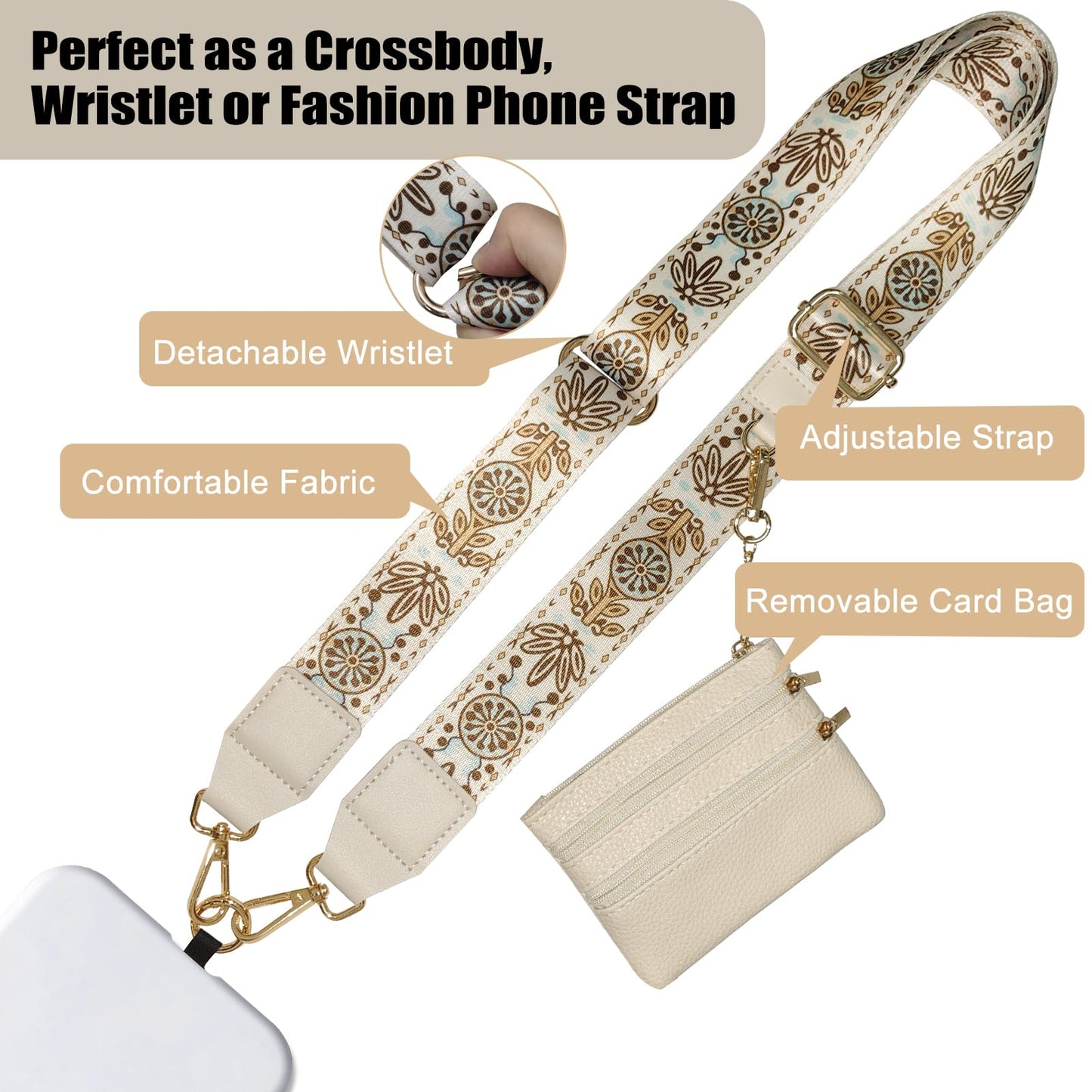 Cell Phone Lanyard with Wallet - Anti-Theft Crossbody Adjustable Phone Strap for Most Smartphones, for Men & Women (Beige)