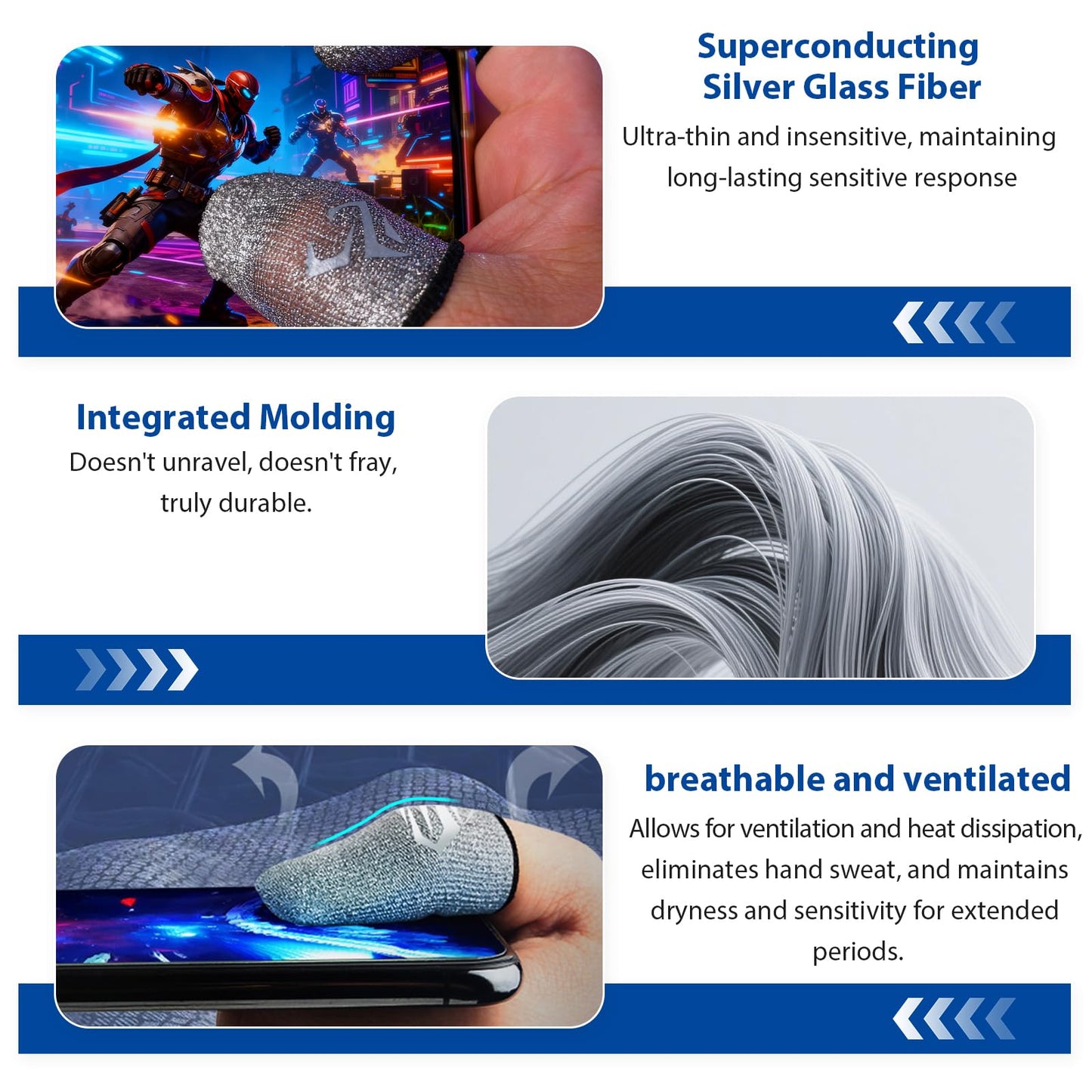 Ryetvok 6Pcs Gaming Finger Sleeves, 0.24mm Silver Fiber Anti-Sweat Thumb Sleeves for Mobile Gaming, Breathable Touchscreen Mobile Gaming Finger