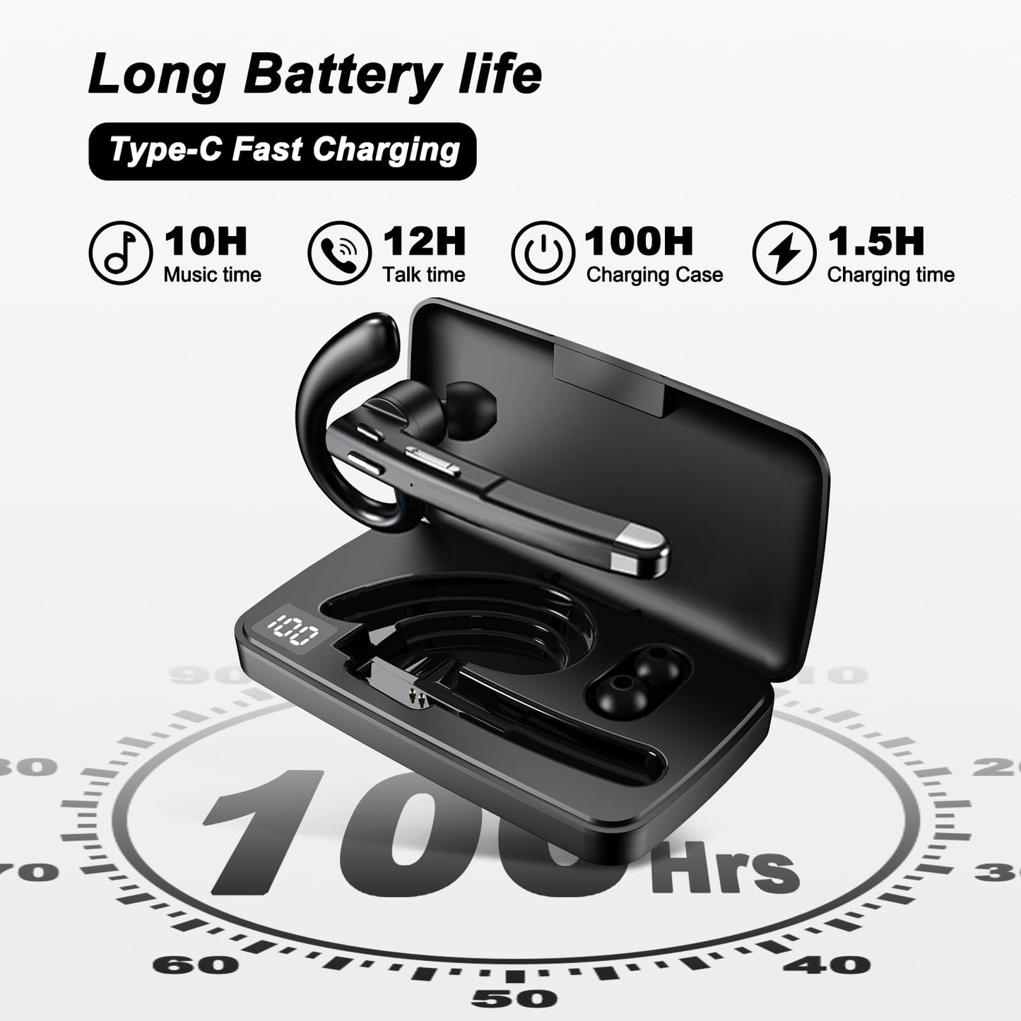 Boytond Bluetooth Headset with 500mAh Charging Case, 100Hrs Playtime Wireless Headset with Noise Cancelling Mic, Wireless Earpiece Hands-Free