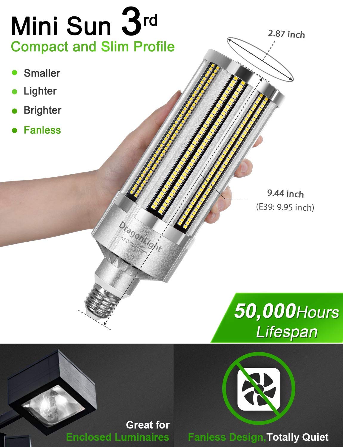 DragonLight 120W Commercial Grade Corn LED Light Bulb Fanless(400 Watt MH/HPS Replacement) E26/E39 Large Mogul Base LED Lamp 5000K Daylight