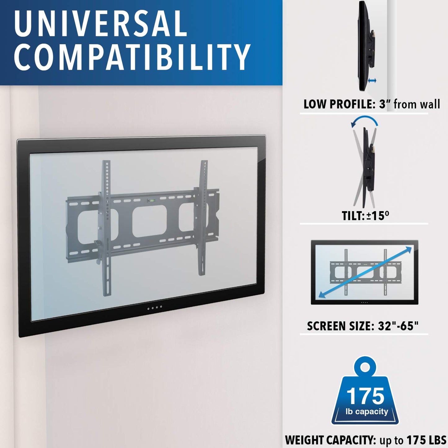 Mount-It! Tilting TV Wall Mount Bracket for 32-65 inch LCD, LED, Plasma Flat Screen TV| Universal Heavy Duty Television Mount with 175 lbs Load